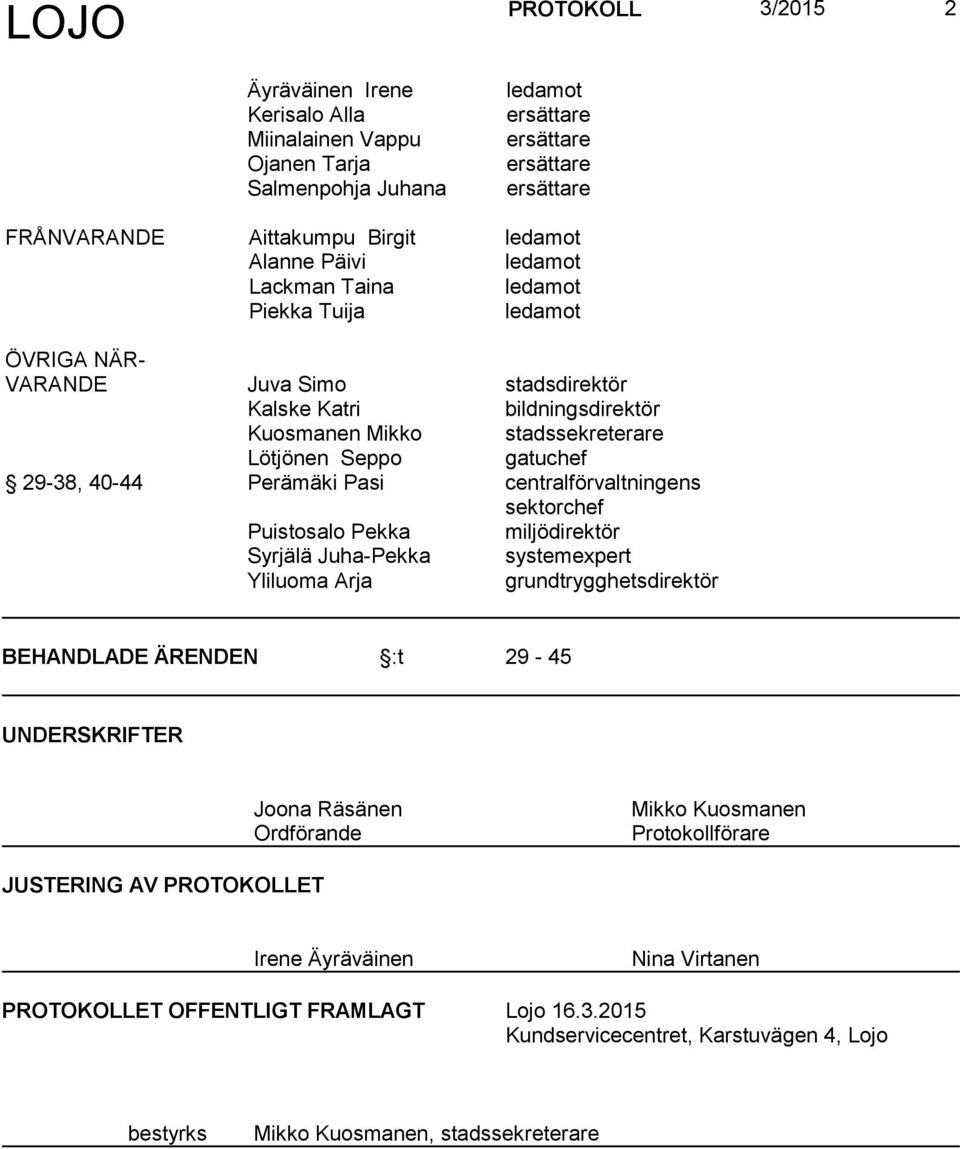 sektorchef Puistosalo Pekka miljödirektör Syrjälä Juha-Pekka systemexpert Yliluoma Arja grundtrygghetsdirektör BEHANDLADE ÄRENDEN :t 29-45 UNDERSKRIFTER Joona Räsänen Ordförande Mikko Kuosmanen