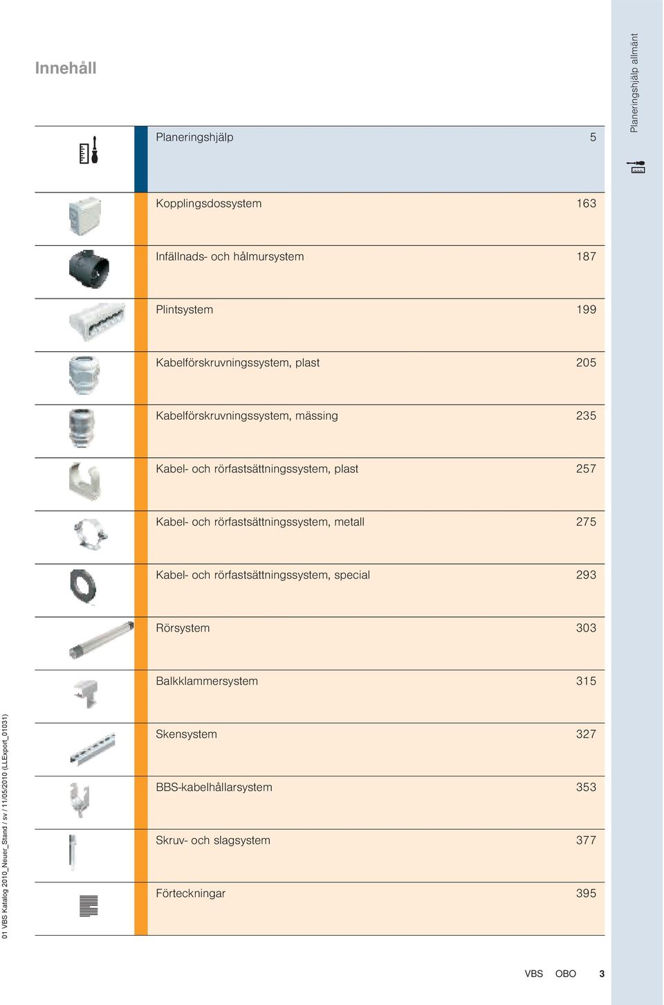 rörfastsättningssystem, metall 275 Kabel- och rörfastsättningssystem, special 293 Rörsystem 303 Balkklammersystem 315 01 VBS Katalog