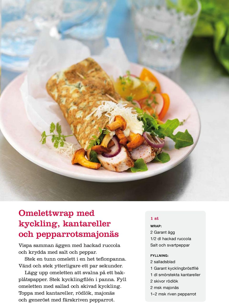 Stek kycklingfilén i panna. Fyll omeletten med sallad och skivad kyckling. Toppa med kantareller, rödlök, majonäs och generöst med färskriven pepparrot.