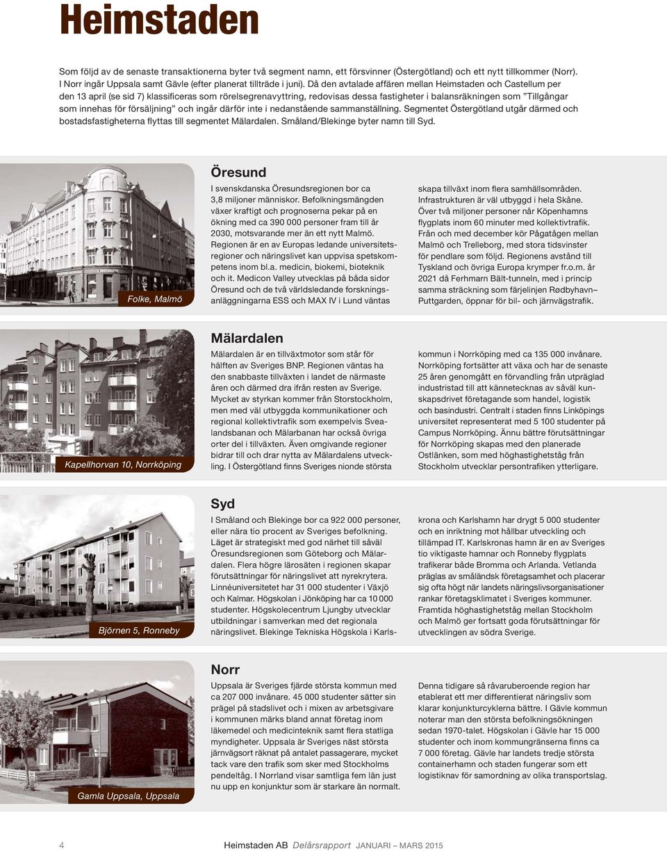Då den avtalade affären mellan Heimstaden och Castellum per den 13 april (se sid 7) klassificeras som rörelsegrenavyttring, redo visas dessa fastigheter i balansräkningen som Tillgångar som innehas
