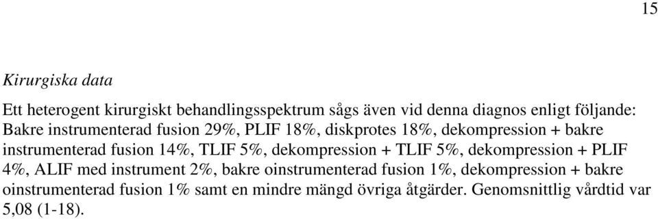 5%, dekompression + TLIF 5%, dekompression + PLIF 4%, ALIF med instrument 2%, bakre oinstrumenterad fusion 1%,