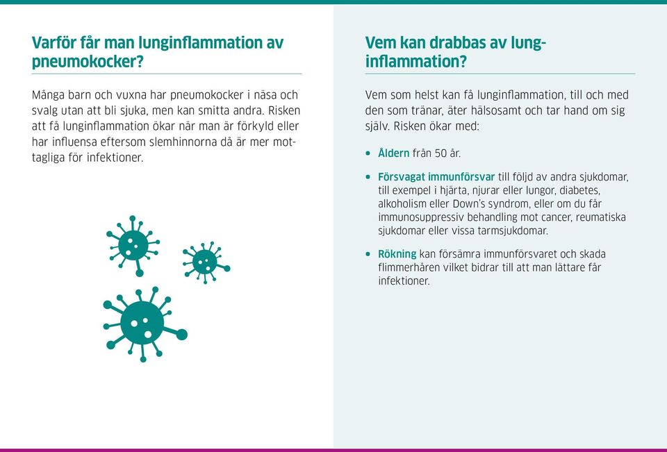 Vem som helst kan få lunginflammation, till och med den som tränar, äter hälsosamt och tar hand om sig själv. Risken ökar med: Åldern från 50 år.