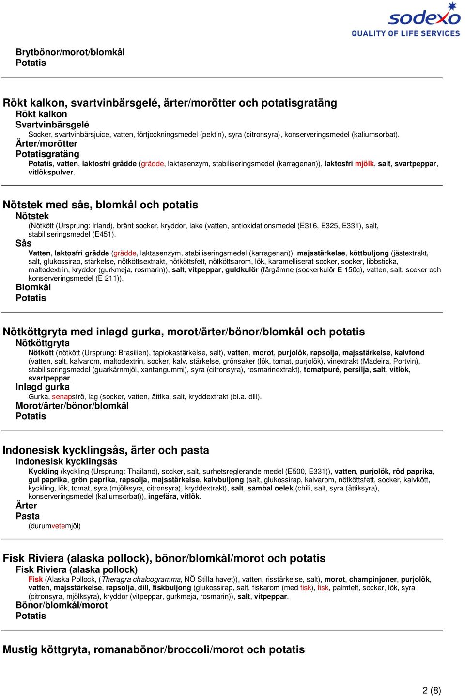 Ärter/morötter gratäng, vatten, laktosfri grädde (grädde, laktasenzym, stabiliseringsmedel (karragenan)), laktosfri mjölk, salt, svartpeppar, vitlökspulver.