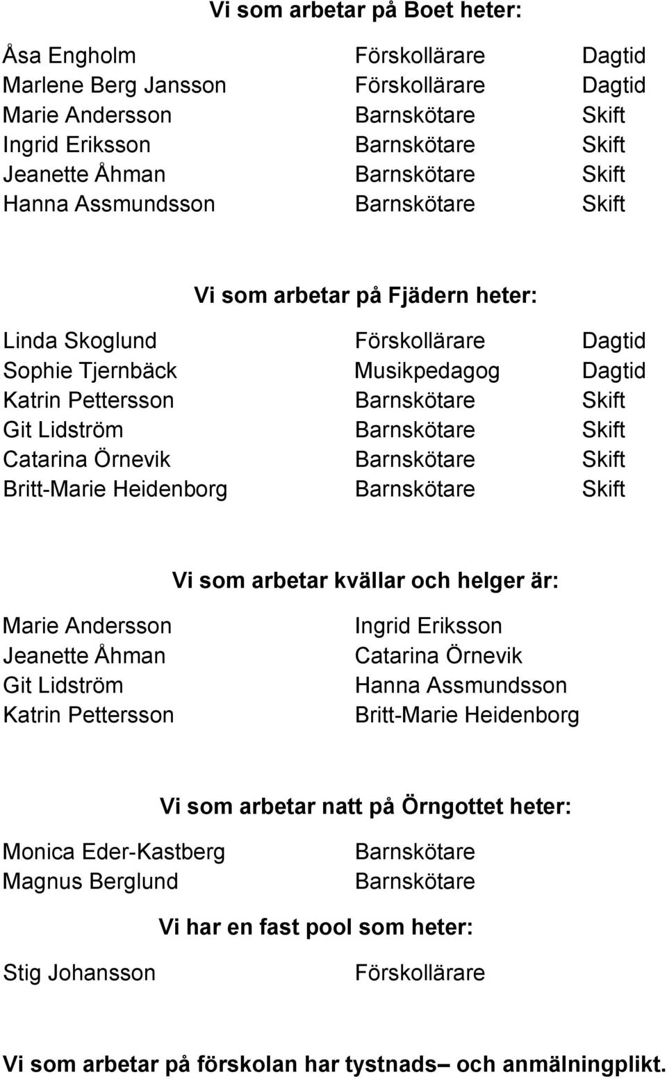 Barnskötare Skift Catarina Örnevik Barnskötare Skift Britt-Marie Heidenborg Barnskötare Skift Vi som arbetar kvällar och helger är: Marie Andersson Jeanette Åhman Git Lidström Katrin Pettersson