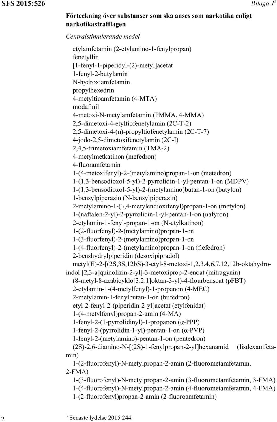 2,5-dimetoxi-4-etyltiofenetylamin (2C-T-2) 2,5-dimetoxi-4-(n)-propyltiofenetylamin (2C-T-7) 4-jodo-2,5-dimetoxifenetylamin (2C-I) 2,4,5-trimetoxiamfetamin (TMA-2) 4-metylmetkatinon (mefedron)