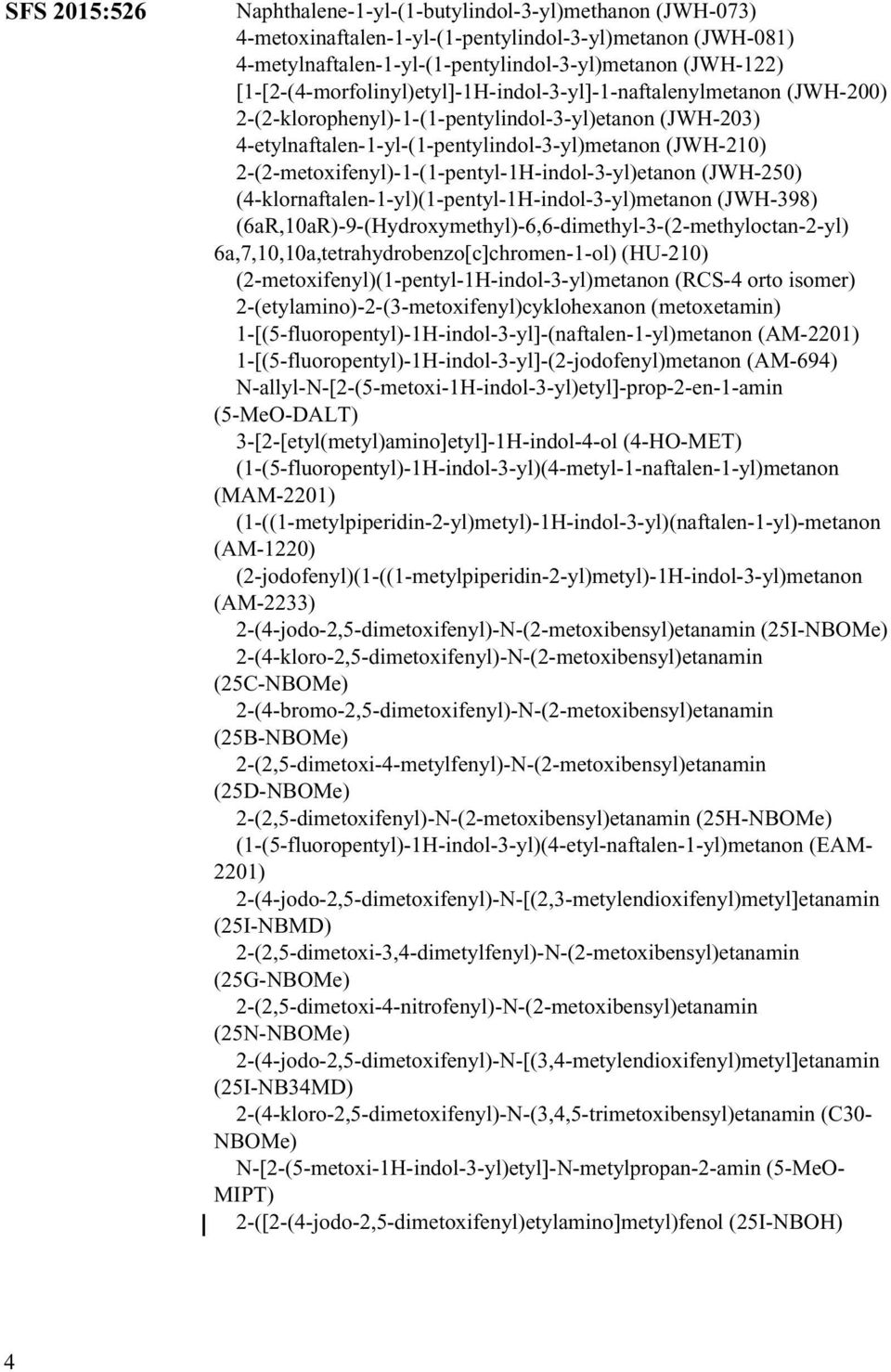2-(2-metoxifenyl)-1-(1-pentyl-1H-indol-3-yl)etanon (JWH-250) (4-klornaftalen-1-yl)(1-pentyl-1H-indol-3-yl)metanon (JWH-398) (6aR,10aR)-9-(Hydroxymethyl)-6,6-dimethyl-3-(2-methyloctan-2-yl)