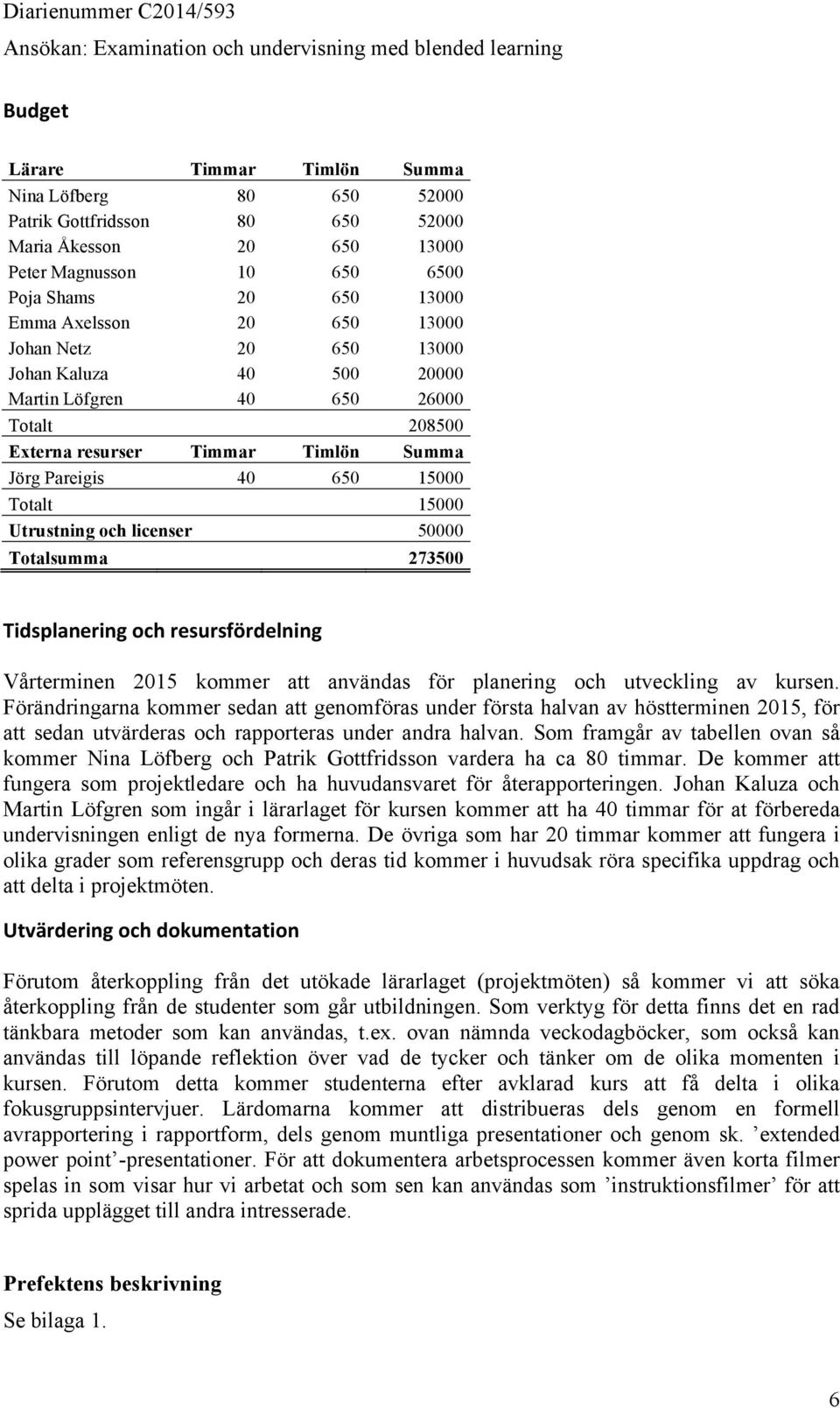Totalsumma 273500 Tidsplanering och resursfördelning Vårterminen 2015 kommer att användas för planering och utveckling av kursen.