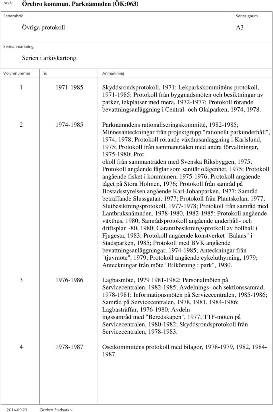 2 1974-1985 Parknämndens rationaliseringskommitté, 1982-1985; Minnesanteckningar från projektgrupp "rationellt parkunderhåll", 1974, 1978; Protokoll rörande växthusanläggning i Karlslund, 1975;