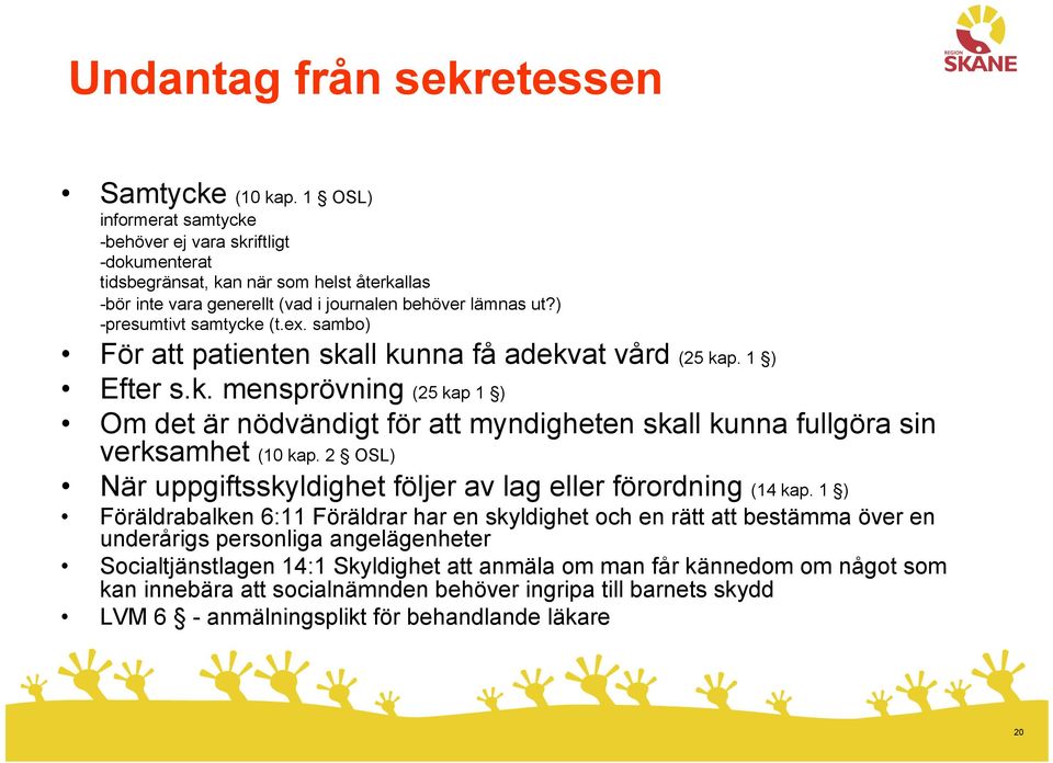 ex. sambo) För att patienten skall kunna få adekvat vård (25 kap. 1 ) Efter s.k. mensprövning (25 kap 1 ) Om det är nödvändigt för att myndigheten skall kunna fullgöra sin verksamhet (10 kap.