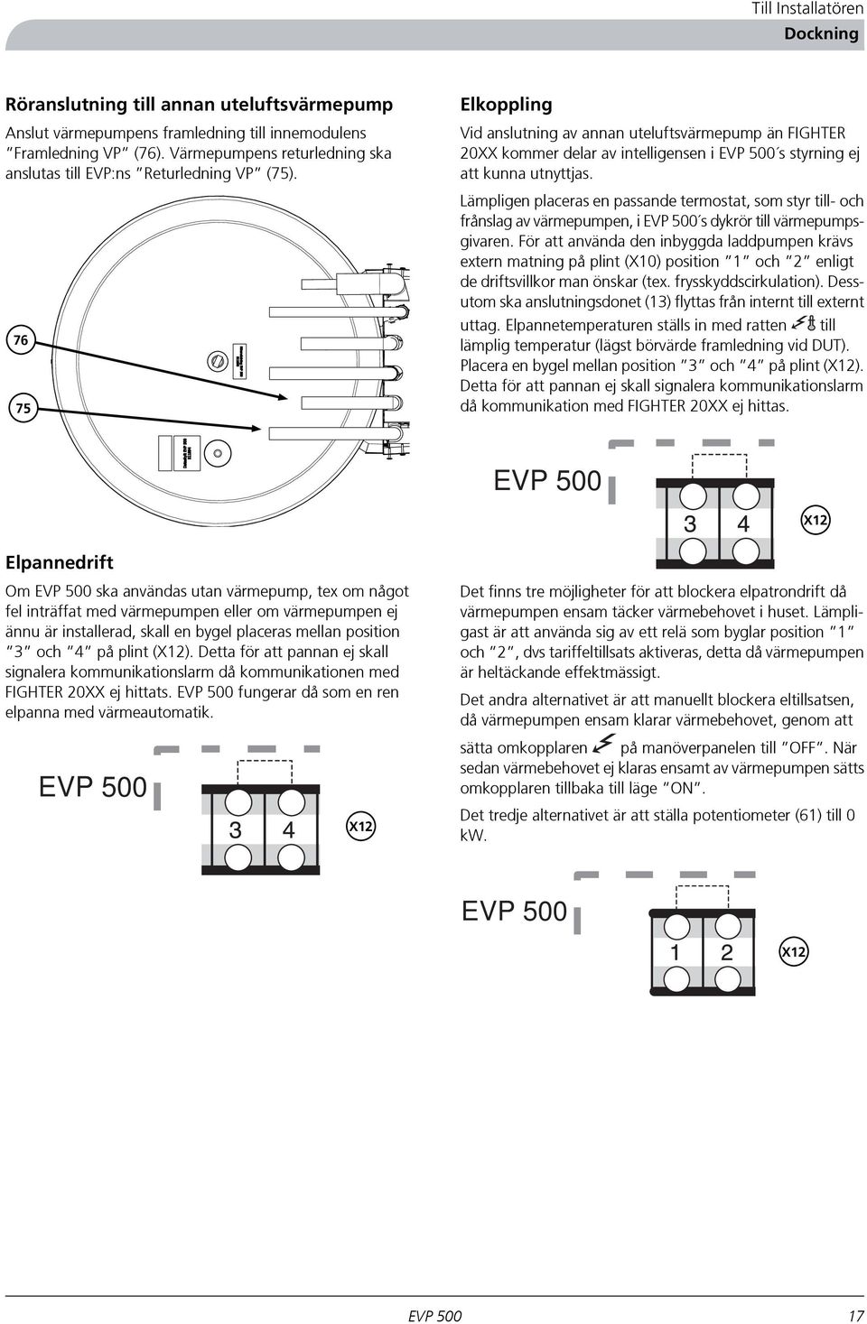 76 75 Externt Elkoppling Vid anslutning av annan uteluftsvärmepump än FIGHTER 20XX kommer delar av intelligensen i s styrning ej att kunna utnyttjas.