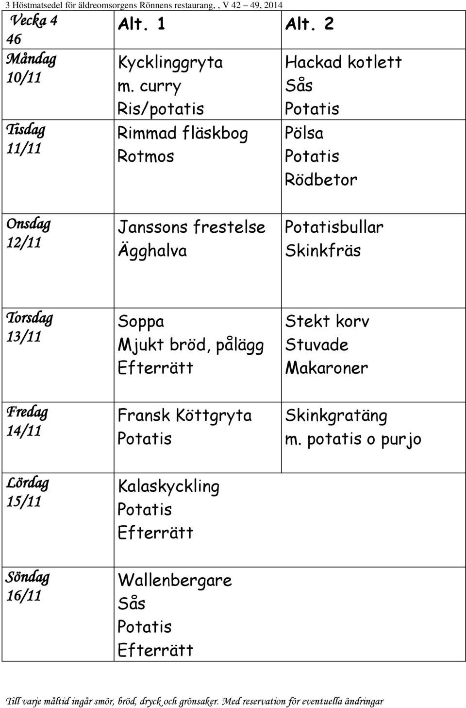 12/11 Janssons frestelse Ägghalva bullar Skinkfräs 13/11 14/11 15/11