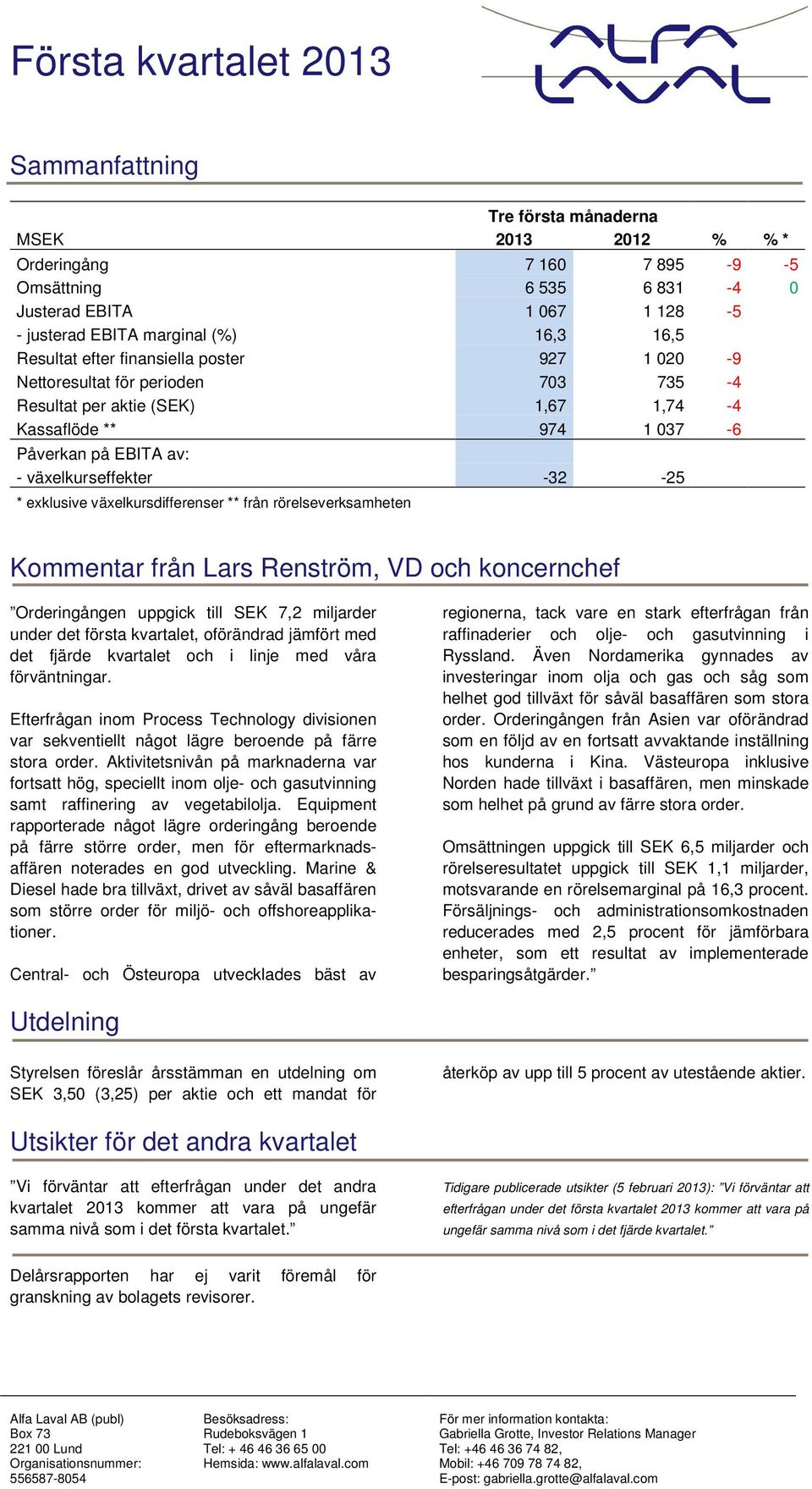 * exklusive växelkursdifferenser ** från rörelseverksamheten Kommentar från Lars Renström, VD och koncernchef Orderingången uppgick till SEK 7,2 miljarder under det första kvartalet, oförändrad