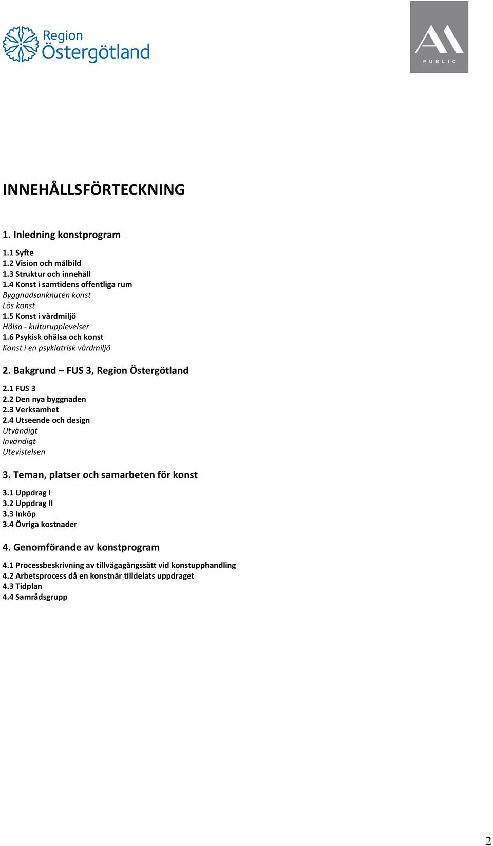 2 Den nya byggnaden 2.3 Verksamhet 2.4 Utseende och design Utvändigt Invändigt Utevistelsen 3. Teman, platser och samarbeten för konst 3.1 Uppdrag I 3.2 Uppdrag II 3.3 Inköp 3.