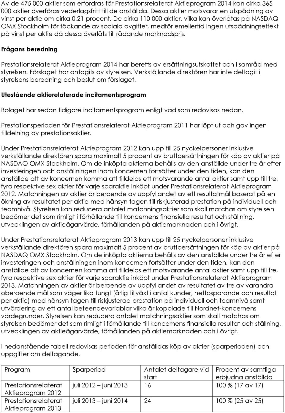De cirka 110 000 aktier, vilka kan överlåtas på NASDAQ OMX Stockholm för täckande av sociala avgifter, medför emellertid ingen utspädningseffekt på vinst per aktie då dessa överlåts till rådande