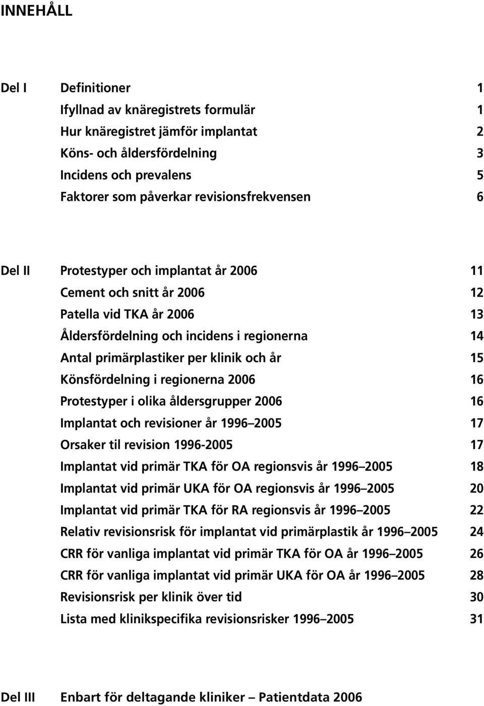i regionerna 2006 16 Protestyper i olika åldersgrupper 2006 16 Implantat och revisioner år 1996 2005 17 Orsaker til revision 1996-2005 17 Implantat vid primär TKA för OA regionsvis år 1996 2005 18