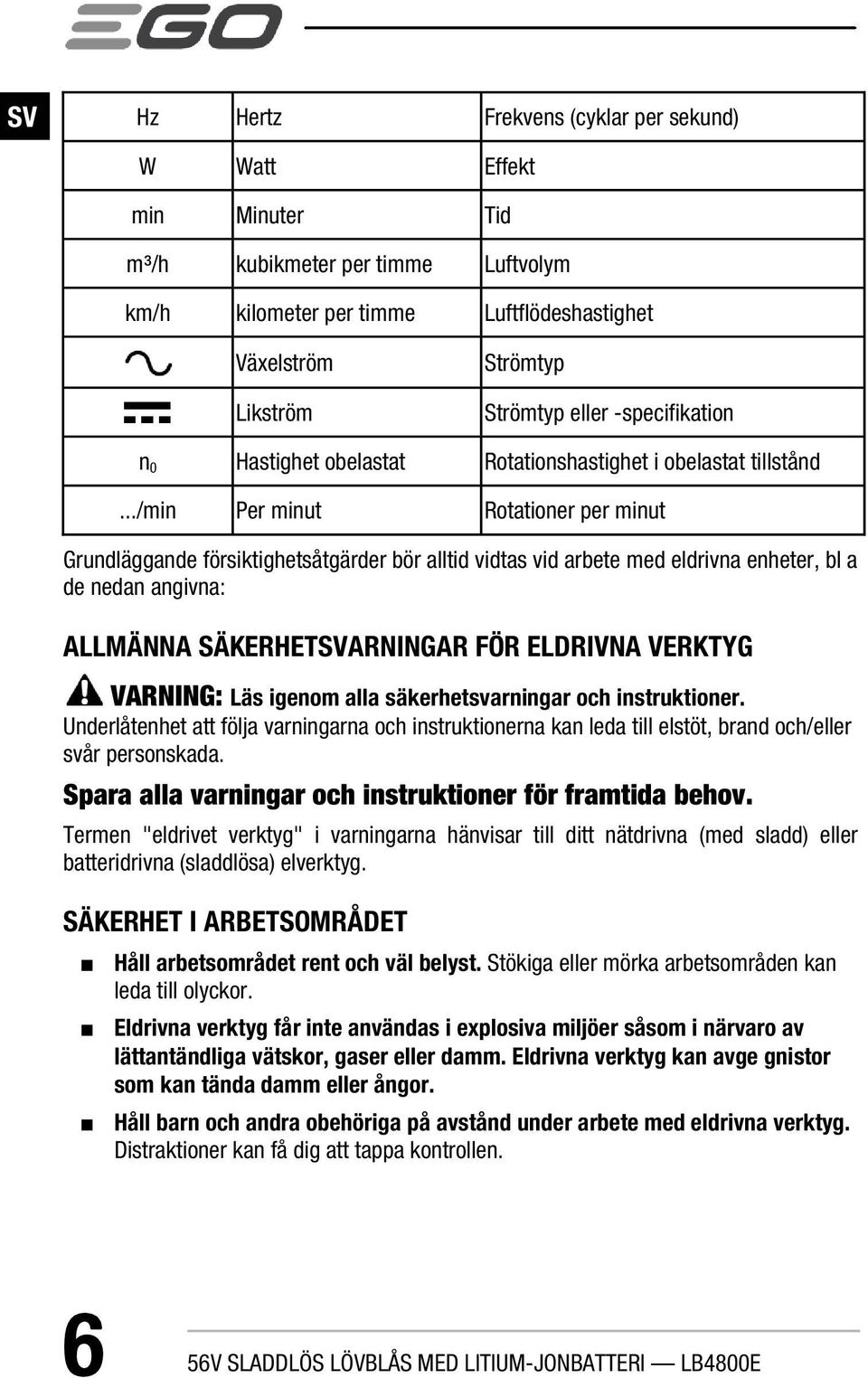 ../min Per minut Rotationer per minut Grundläggande försiktighetsåtgärder bör alltid vidtas vid arbete med eldrivna enheter, bl a de nedan angivna: ALLMÄNNA SÄKERHETSVARNINGAR FÖR ELDRIVNA VERKTYG