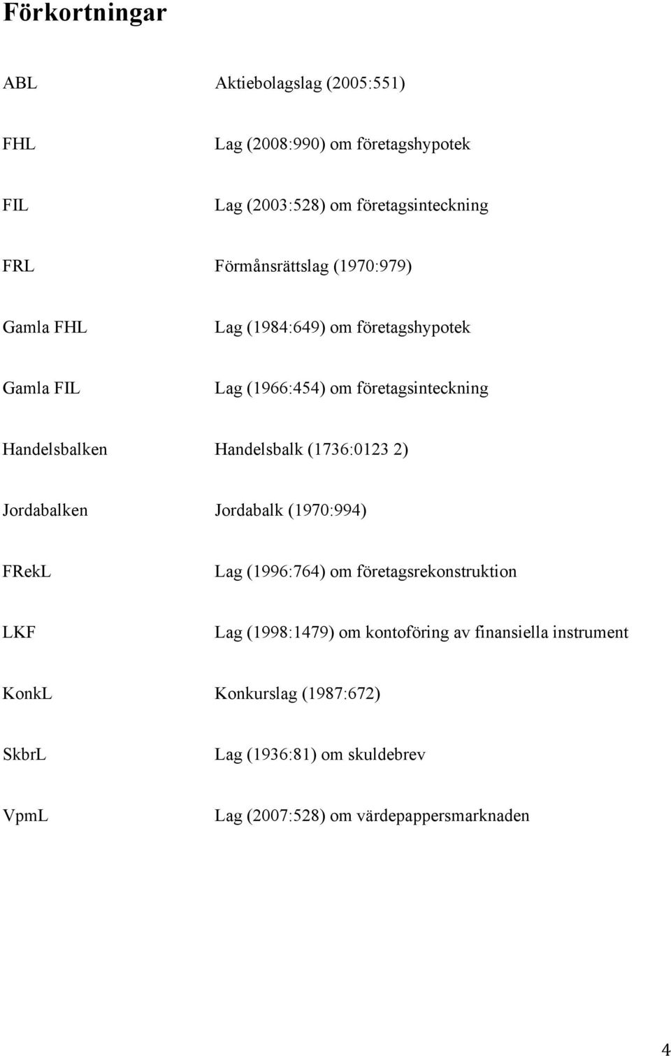 Handelsbalk (1736:0123 2) Jordabalken Jordabalk (1970:994) FRekL Lag (1996:764) om företagsrekonstruktion LKF Lag (1998:1479) om