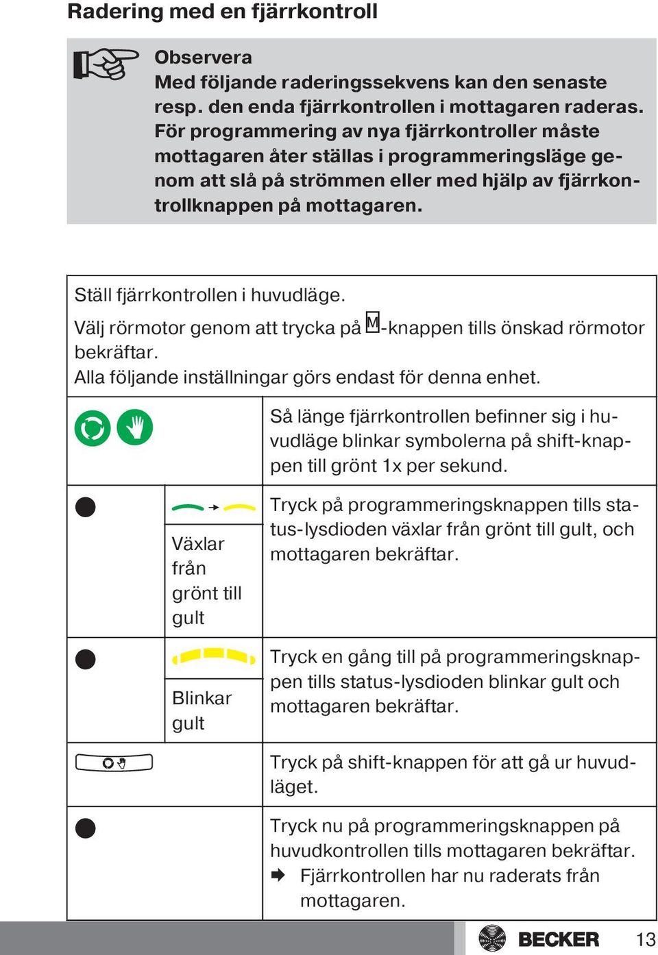 Ställ fjärrkontrollen i huvudläge. Välj rörmotor genom att trycka på -knappen tills önskad rörmotor bekräftar. Alla följande inställningar görs endast för denna enhet.