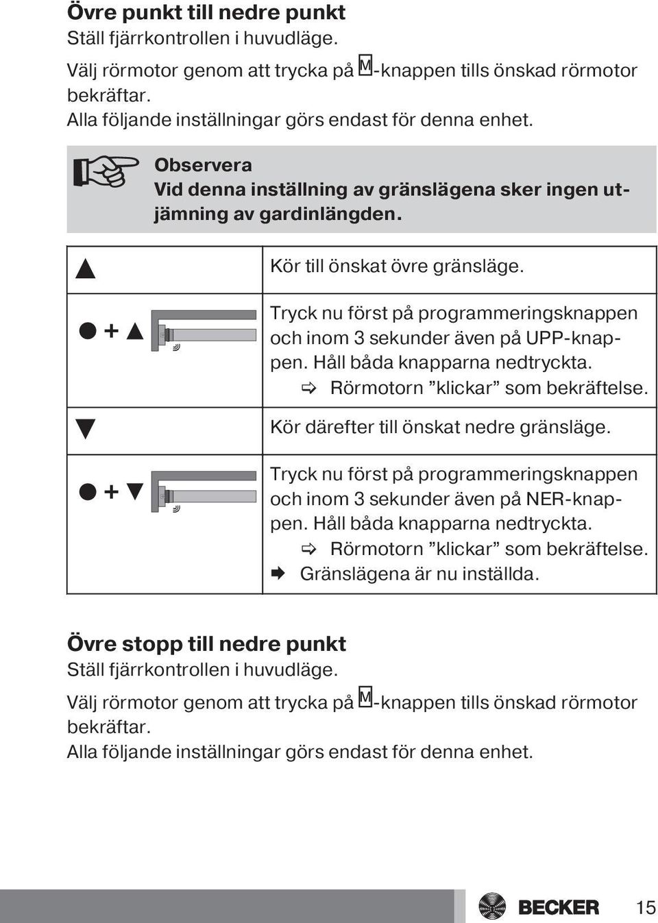 Håll båda knapparna nedtryckta. [ Rörmotorn klickar som bekräftelse. Kör därefter till önskat nedre gränsläge. Tryck nu först på programmeringsknappen och inom 3 sekunder även på NER-knappen.