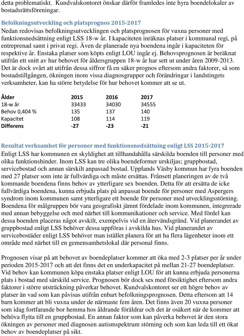 I kapaciteten inräknas platser i kommunal regi, på entreprenad samt i privat regi. Även de planerade nya boendena ingår i kapaciteten för respektive år. Enstaka platser som köpts enligt LOU ingår ej.