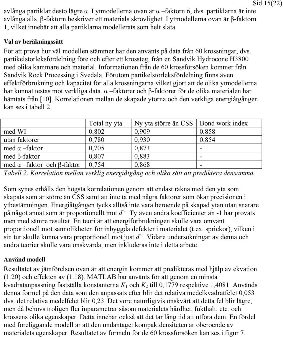 Val av beräkningssätt För att prova hur väl modellen stämmer har den använts på data från 60 krossningar, dvs.