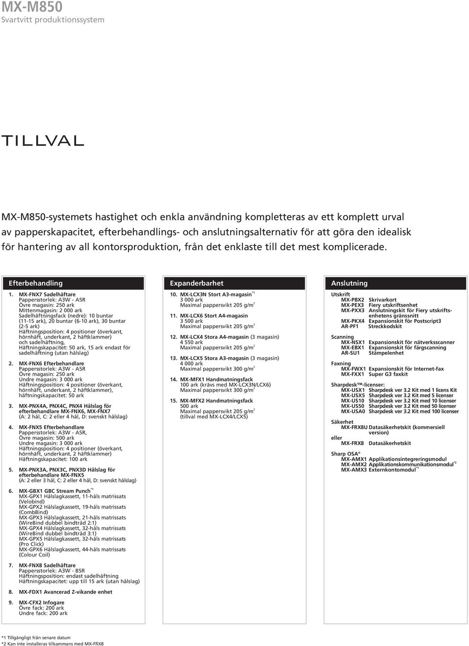 MX-FNX7 Sadelhäftare Pappersstorlek: A3W - A5R Övre magasin: 250 ark Mittenmagasin: 2 000 ark Sadelhäftningsfack (nedre): 10 buntar (11-15 ark), 20 buntar (6-10 ark), 30 buntar (2-5 ark)