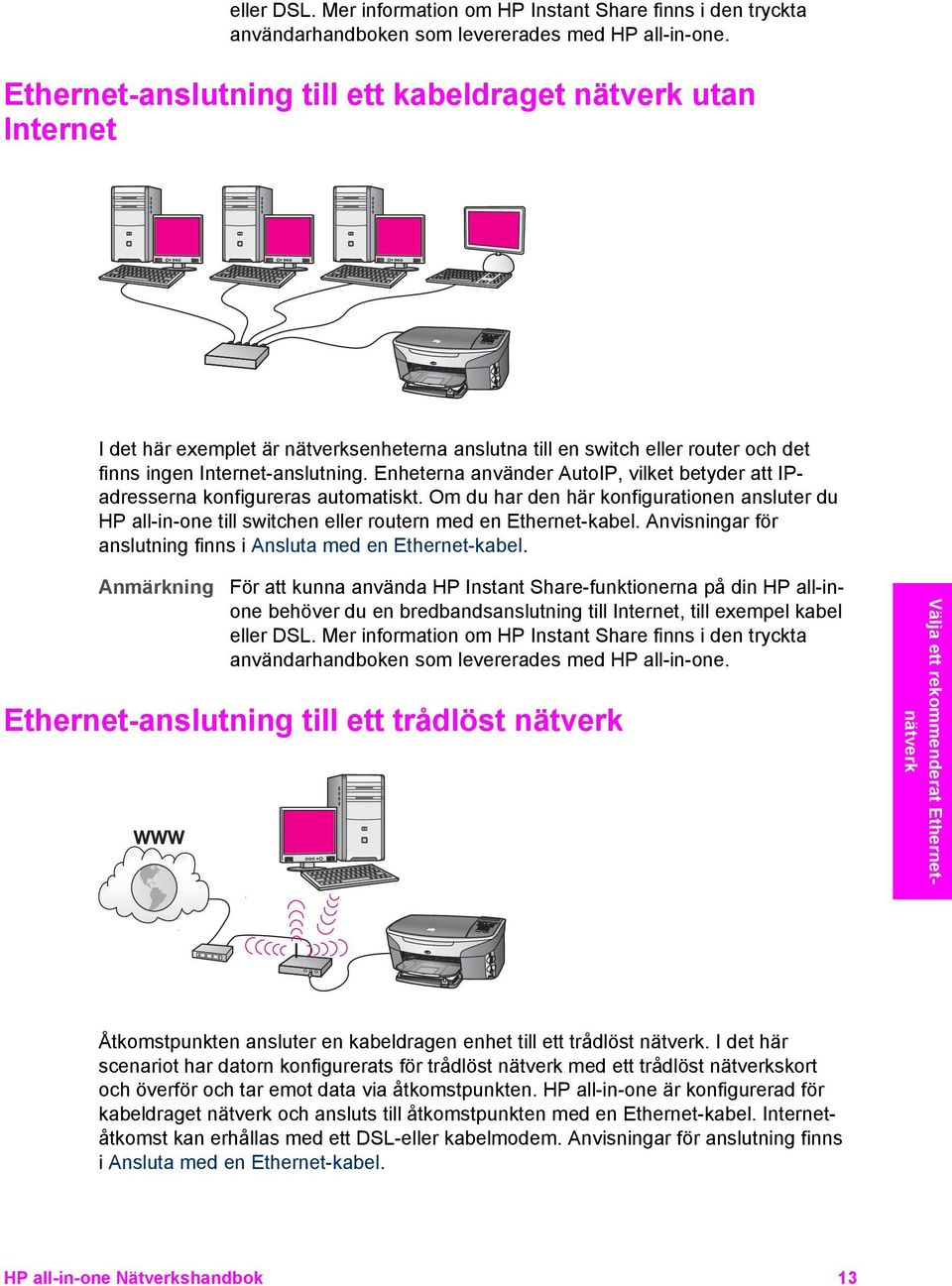 Enheterna använder AutoIP, vilket betyder att IPadresserna konfigureras automatiskt. Om du har den här konfigurationen ansluter du HP all-in-one till switchen eller routern med en Ethernet-kabel.