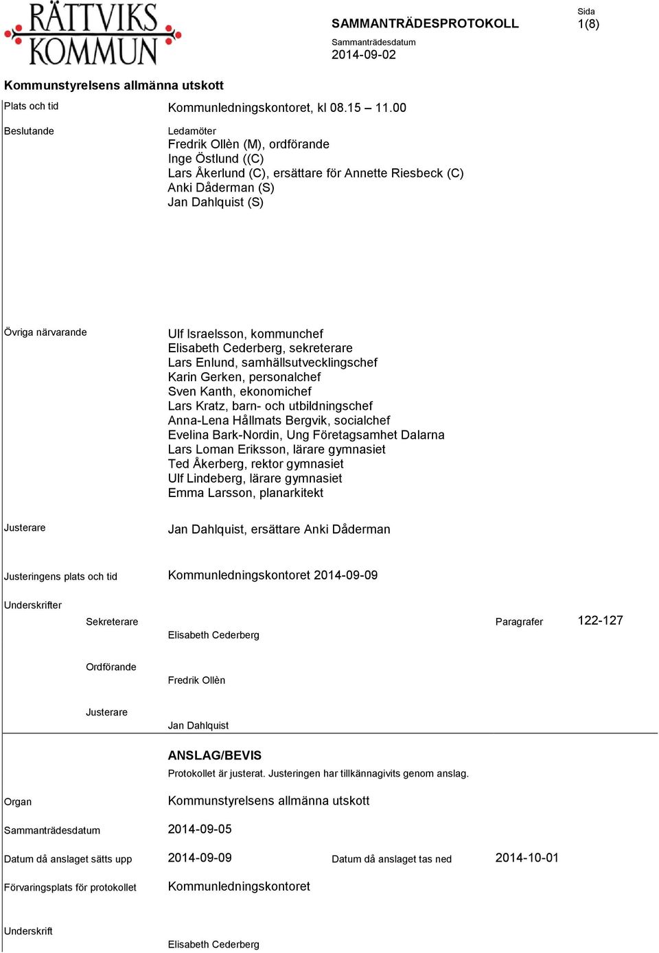 kommunchef Elisabeth Cederberg, sekreterare Lars Enlund, samhällsutvecklingschef Karin Gerken, personalchef Sven Kanth, ekonomichef Lars Kratz, barn- och utbildningschef Anna-Lena Hållmats Bergvik,
