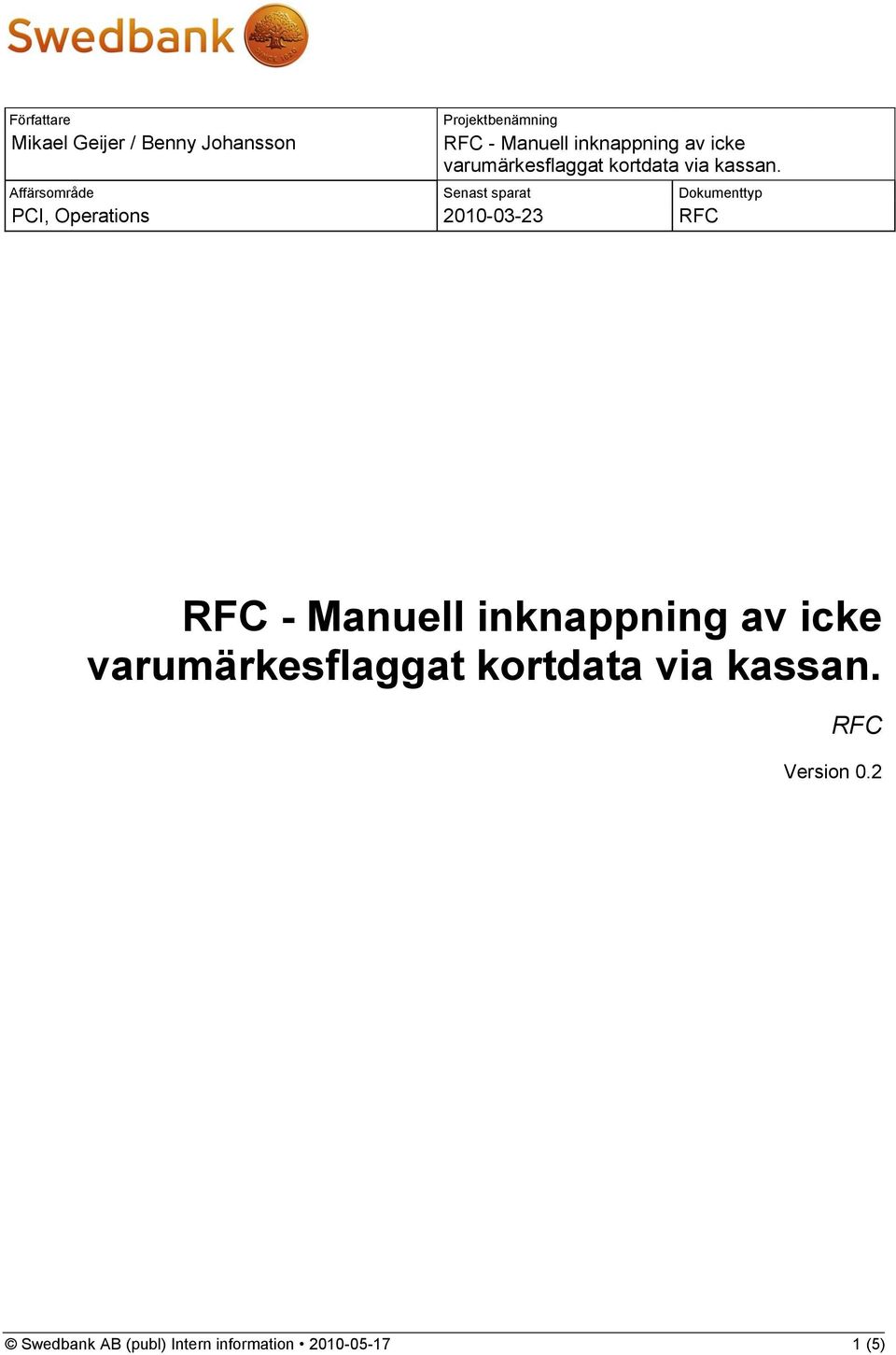 Affärsområde Senast sparat Dokumenttyp PCI, Operations 2010-03-23 RFC RFC - Manuell