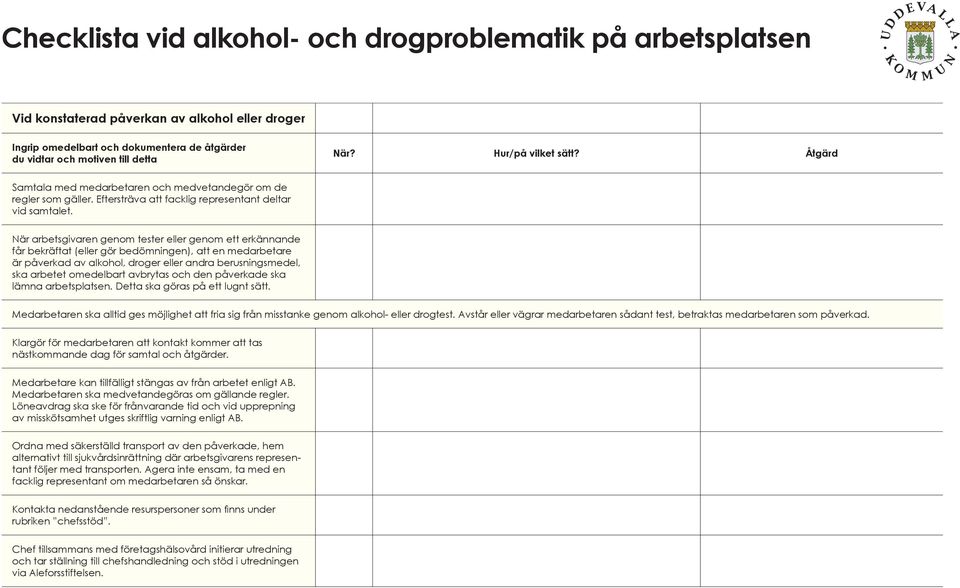 När arbetsgivaren genom tester eller genom ett erkännande får bekräftat (eller gör bedömningen), att en medarbetare är påverkad av alkohol, droger eller andra berusningsmedel, ska arbetet omedelbart