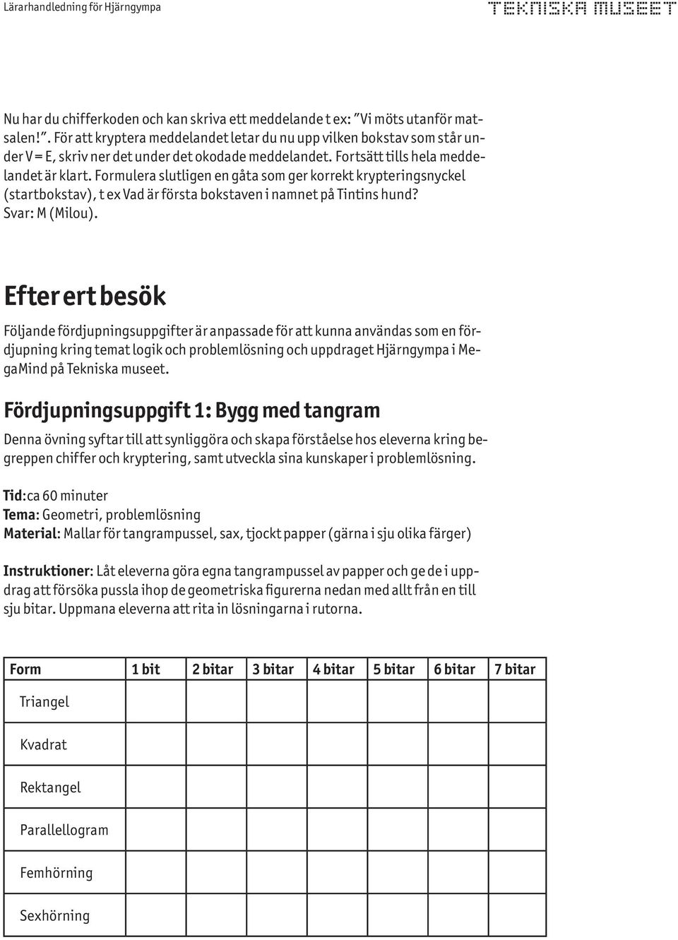 Formulera slutligen en gåta som ger korrekt krypteringsnyckel (startbokstav), t ex Vad är första bokstaven i namnet på Tintins hund? Svar: M (Milou).