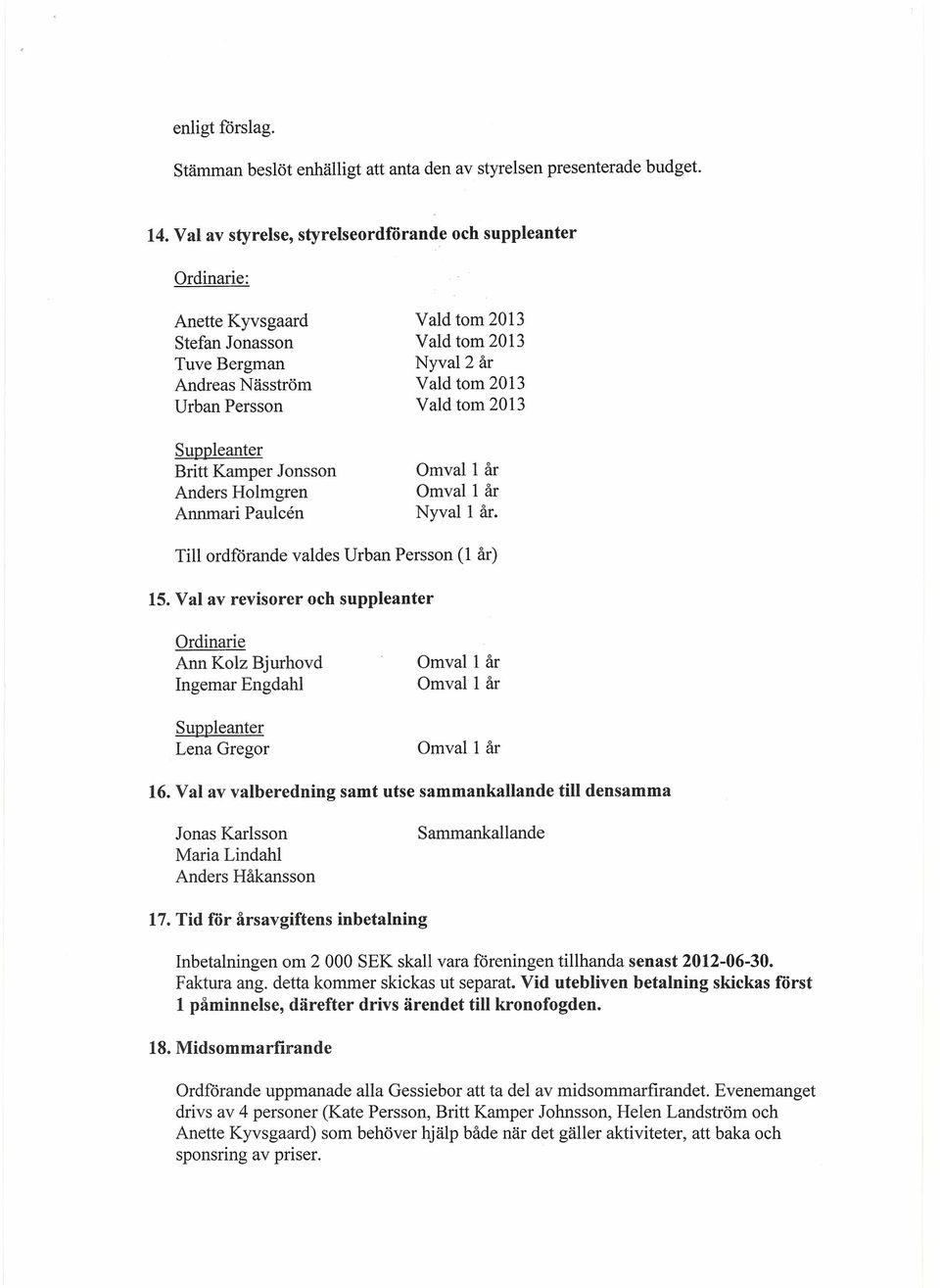 Paulcen Nyval 2 år Nyval 1 år. Till ordförande valdes Urban Persson (1 år) 15.