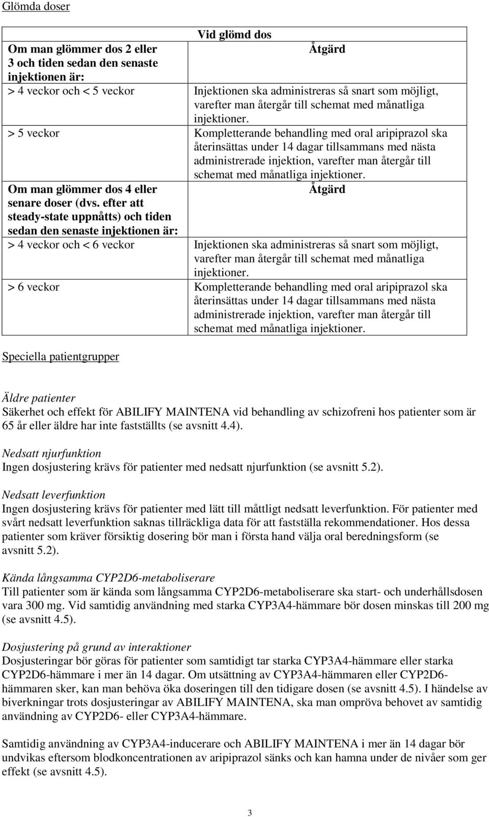 > 5 veckor Kompletterande behandling med oral aripiprazol ska återinsättas under 14 dagar tillsammans med nästa administrerade injektion, varefter man återgår till Om man glömmer dos 4 eller senare