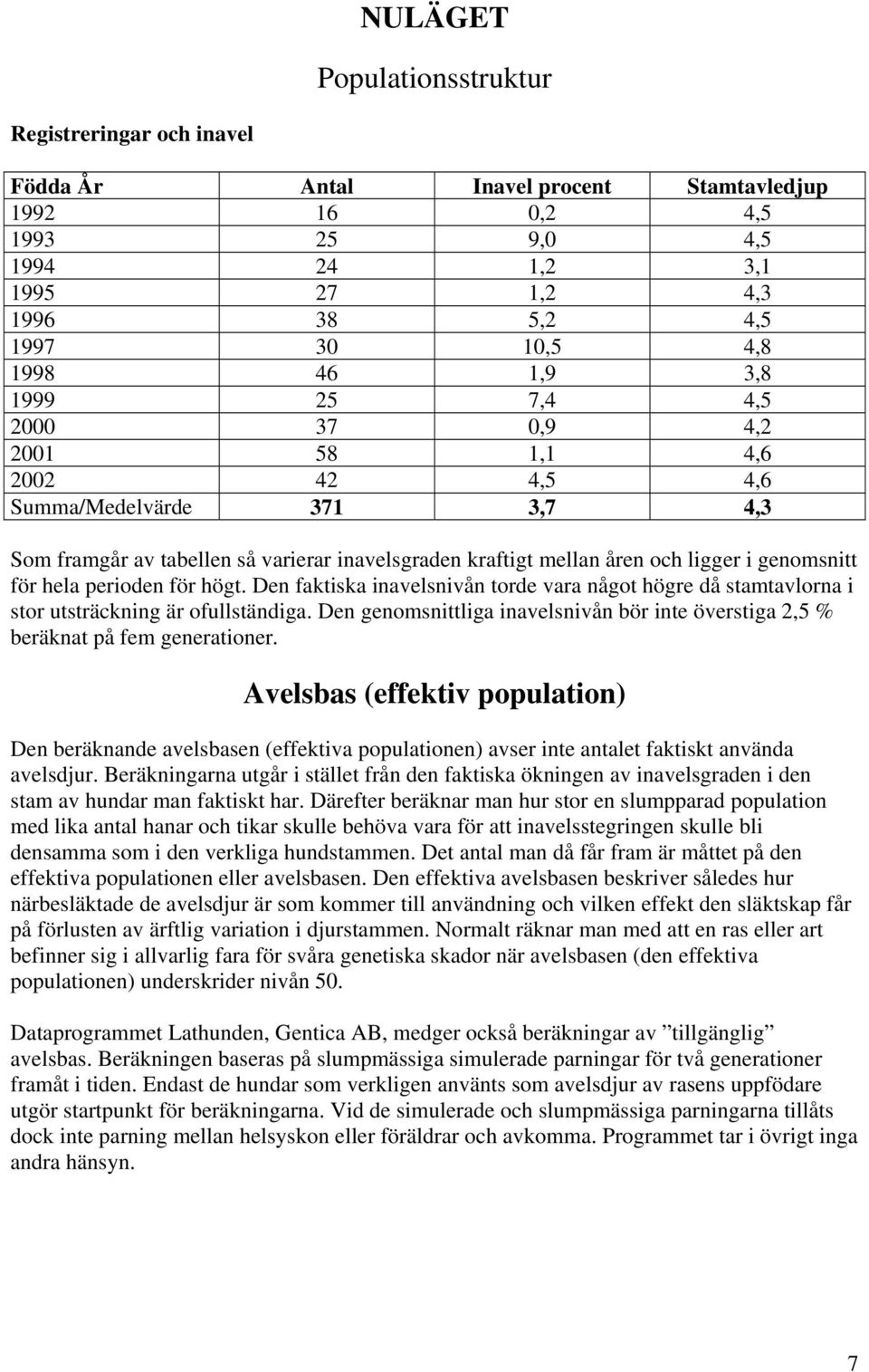 för hela perioden för högt. Den faktiska inavelsnivån torde vara något högre då stamtavlorna i stor utsträckning är ofullständiga.