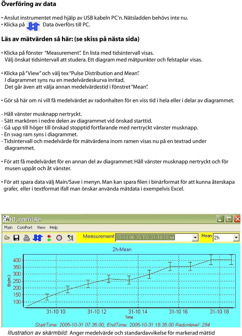 Ett diagram med mätpunkter och felstaplar visas. Klicka på View och välj tex Pulse Distribution and Mean....I diagrammet syns nu en medelvärdeskurva inritad.