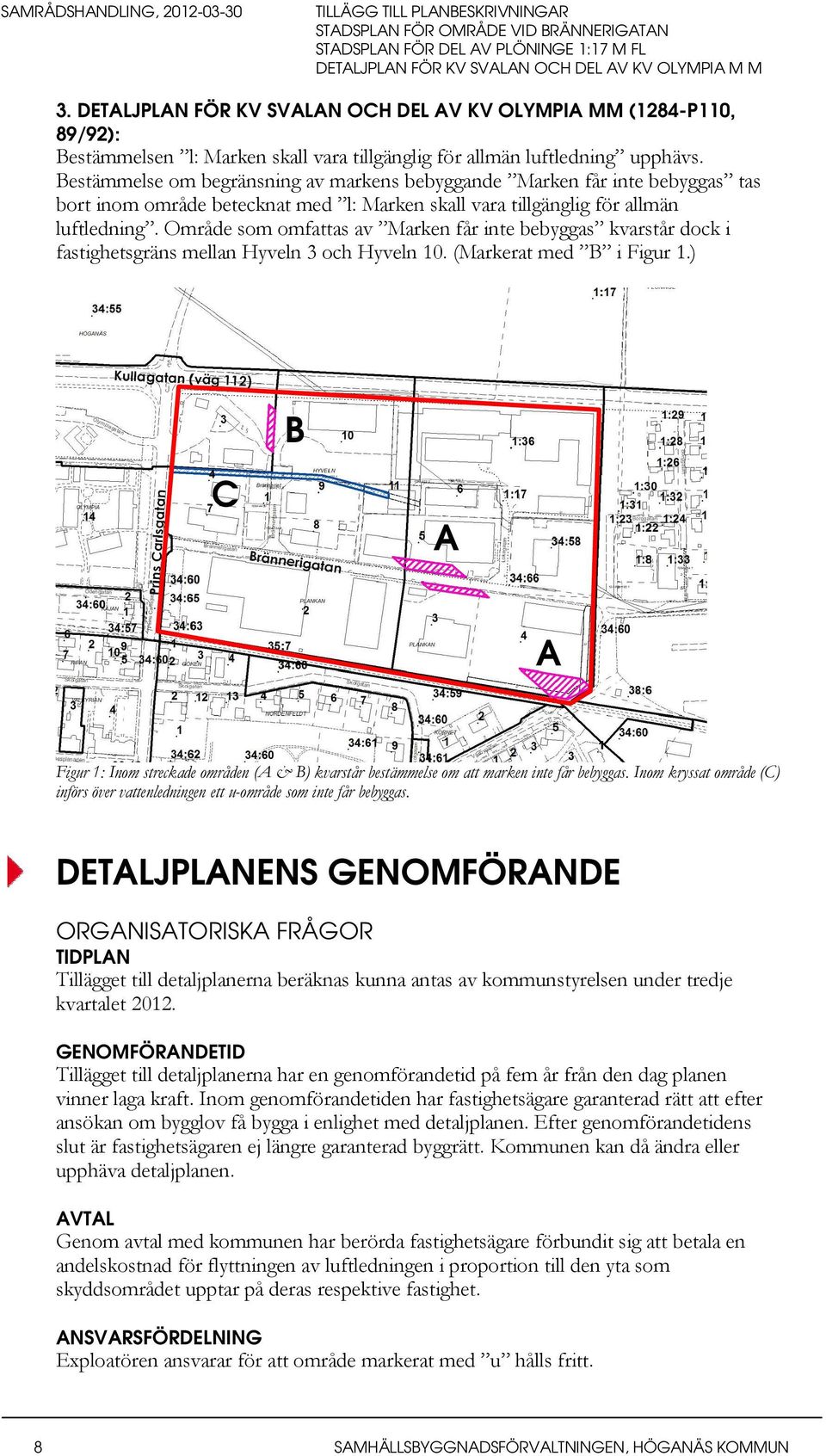 Område som omfattas av Marken får inte bebyggas kvarstår dock i fastighetsgräns mellan Hyveln 3 och Hyveln 10. (Markerat med B i Figur 1.