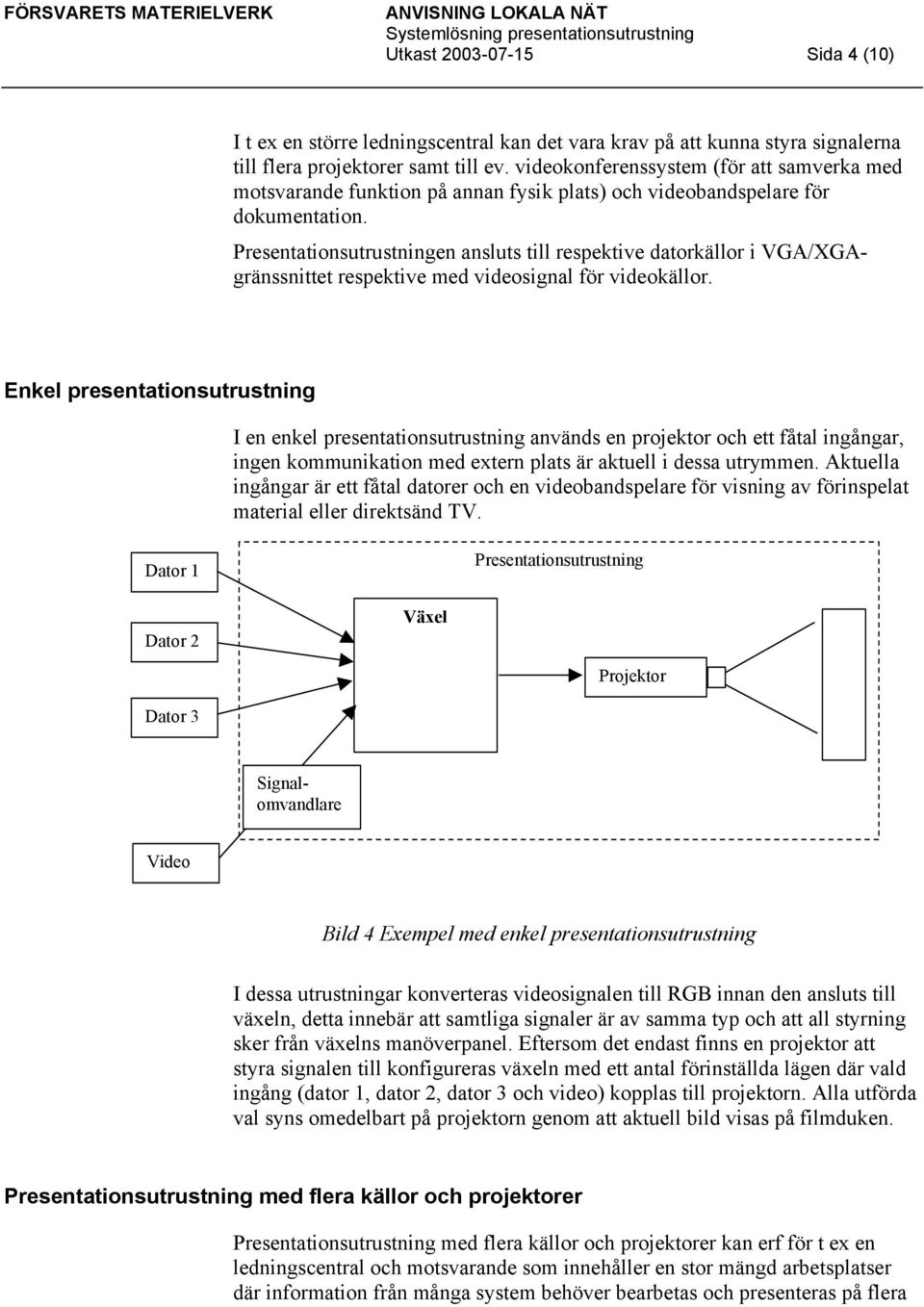 Presentationsutrustningen ansluts till respektive datorkällor i VGA/XGAgränssnittet respektive med videosignal för videokällor.