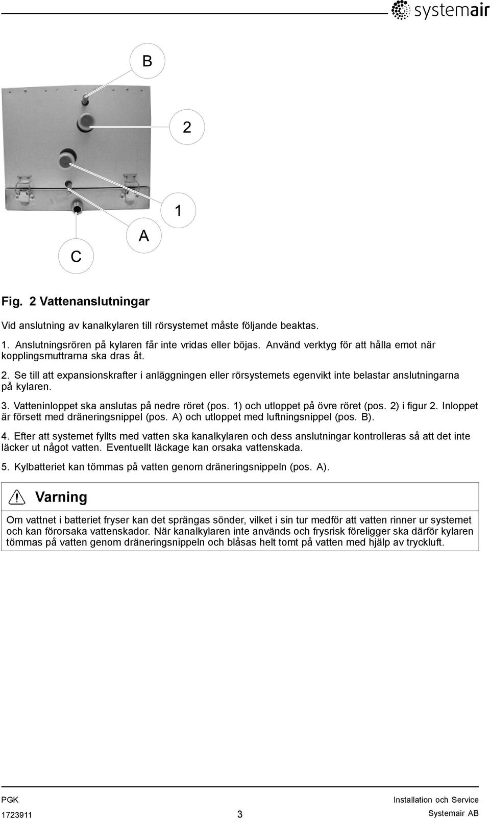 Vattenet ska anslutas på nedre röret (pos. 1) och utloppet på övre röret (pos. 2) i figur 2. Inloppet är försett med dräneringsnippel (pos. A) och utloppet med luftningsnippel (pos. B). 4.