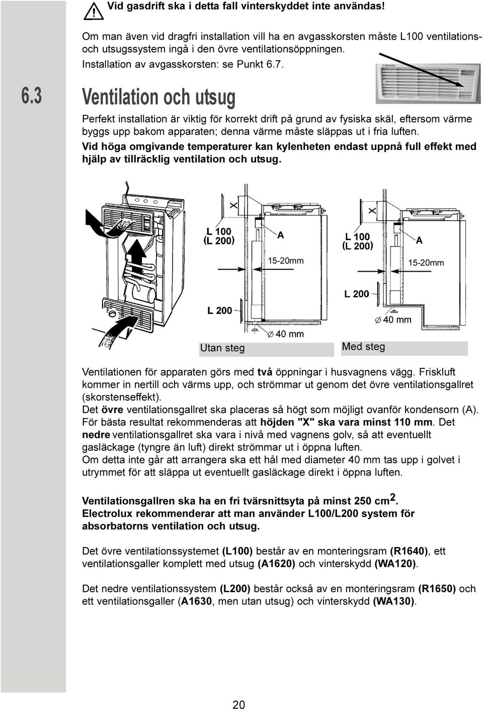 7. 6.3 Ventilation och utsug Perfekt installation är viktig för korrekt drift på grund av fysiska skäl, eftersom värme byggs upp bakom apparaten; denna värme måste släppas ut i fria luften.