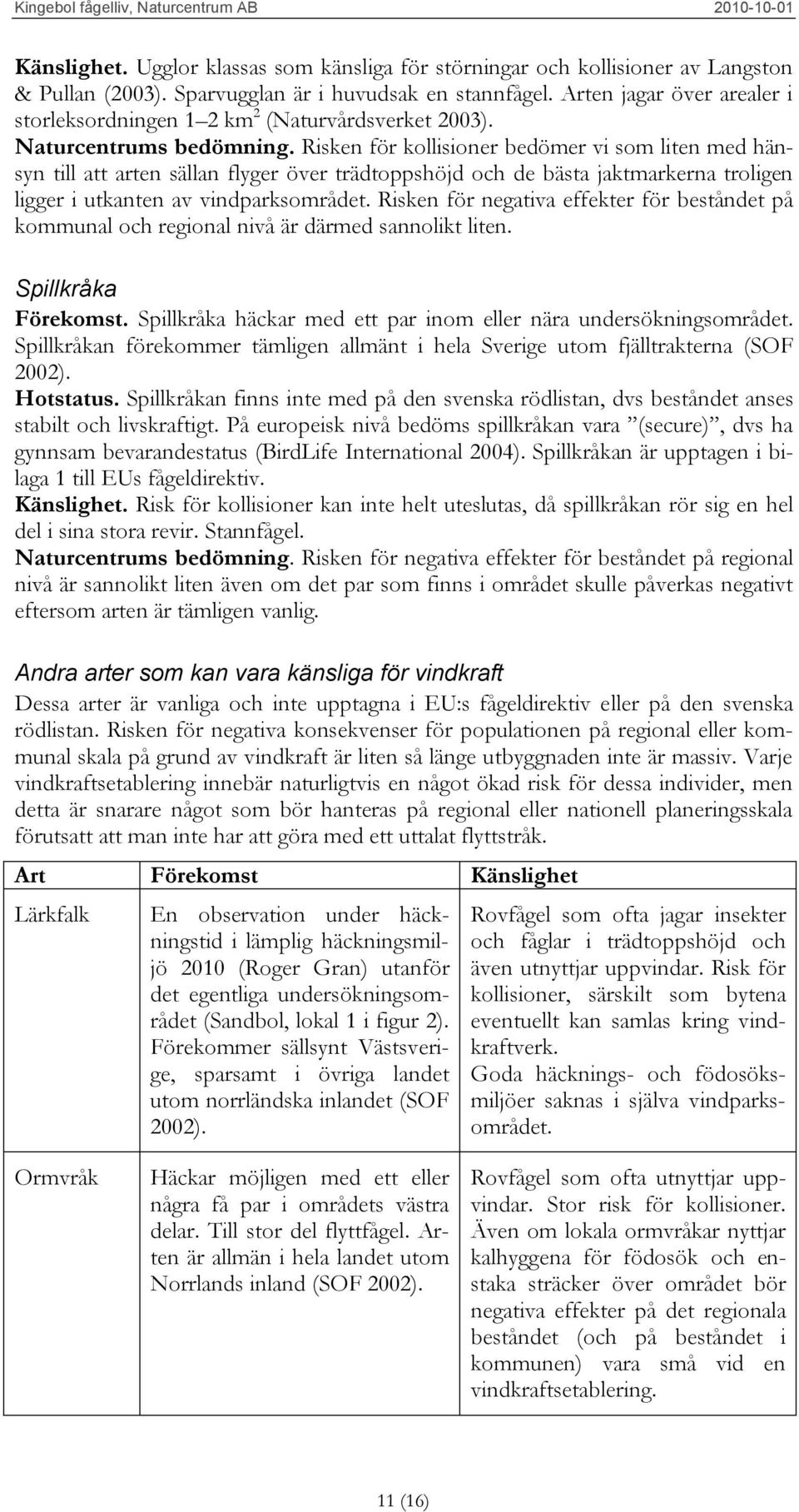 Risken för kollisioner bedömer vi som liten med hänsyn till att arten sällan flyger över trädtoppshöjd och de bästa jaktmarkerna troligen ligger i utkanten av vindparksområdet.