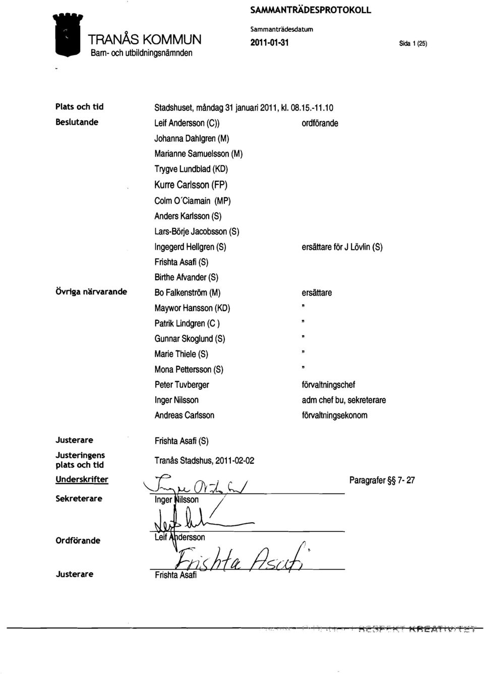 Ingegerd HelIgren (S) ersättare för J Lövlin (S) Frishta Asafi (S) Birthe Afvander (S) Övriga närvarande Bo Falkenström (M) ersättare Maywor Hansson (KO) Patrik Lindgren (C ) Gunnar Skoglund (S)