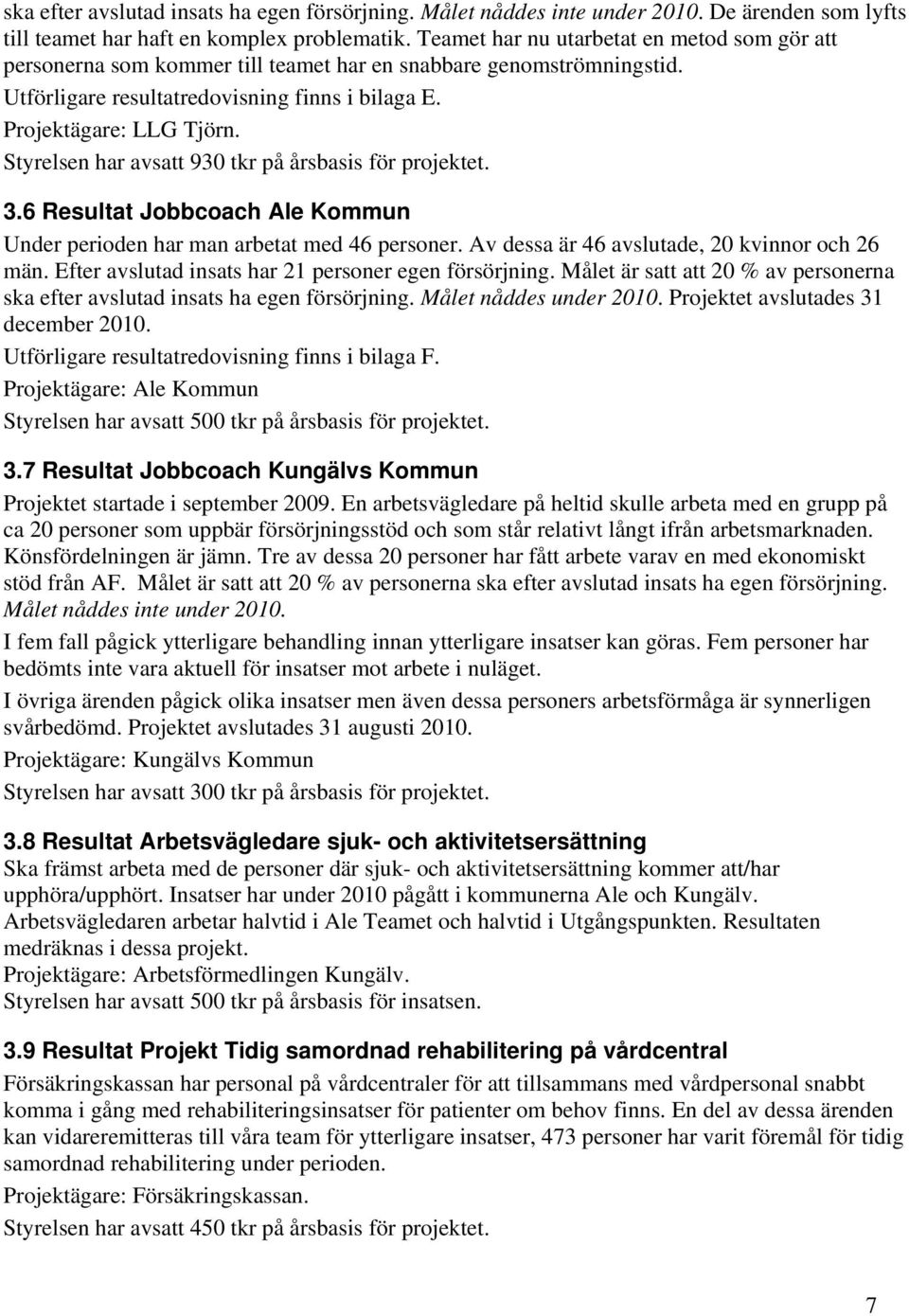 Styrelsen har avsatt 930 tkr på årsbasis för projektet. 3.6 Resultat Jobbcoach Ale Kommun Under perioden har man arbetat med 46 personer. Av dessa är 46 avslutade, 20 kvinnor och 26 män.