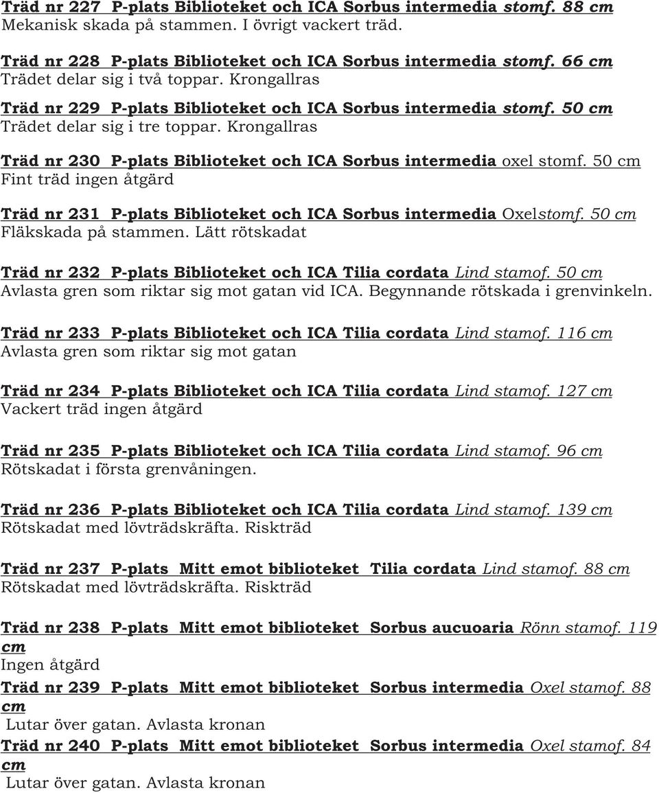 Krongallras Träd nr 230 P-plats Biblioteket och ICA Sorbus intermedia oxel stomf. 50 cm Fint träd ingen åtgärd Träd nr 231 P-plats Biblioteket och ICA Sorbus intermedia Oxelstomf.