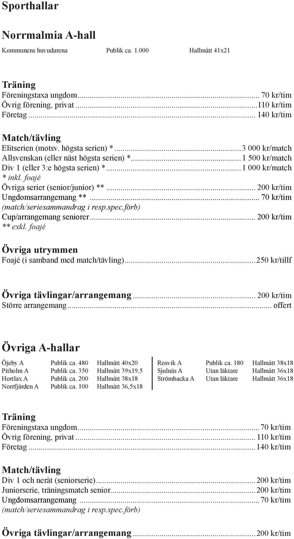 .. 200 kr/tim Ungdomsarrangemang **... 70 kr/tim (match/seriesammandrag i resp.spec.förb) Cup/arrangemang seniorer... 200 kr/tim ** exkl. foajé Övriga utrymmen Foajé (i samband med match/tävling).