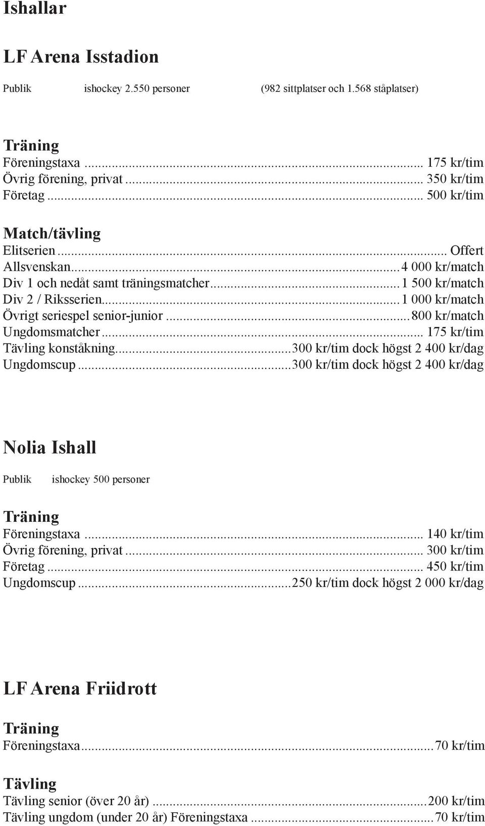 .. 175 kr/tim Tävling konståkning...300 kr/tim dock högst 2 400 kr/dag Ungdomscup...300 kr/tim dock högst 2 400 kr/dag Nolia Ishall Publik ishockey 500 personer Föreningstaxa.