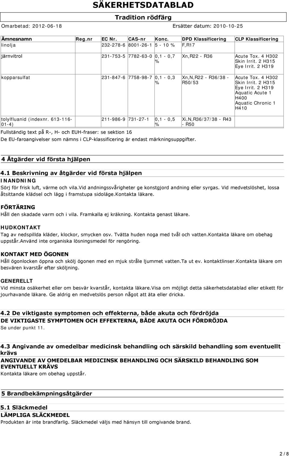 R50/53 Acute Tox. 4 H302 Skin Irrit. 2 H315 Eye Irrit. 2 H319 Acute Tox. 4 H302 Skin Irrit. 2 H315 Eye Irrit. 2 H319 Aquatic Acute 1 H400 Aquatic Chronic 1 H410 tolylfluanid (indexnr.