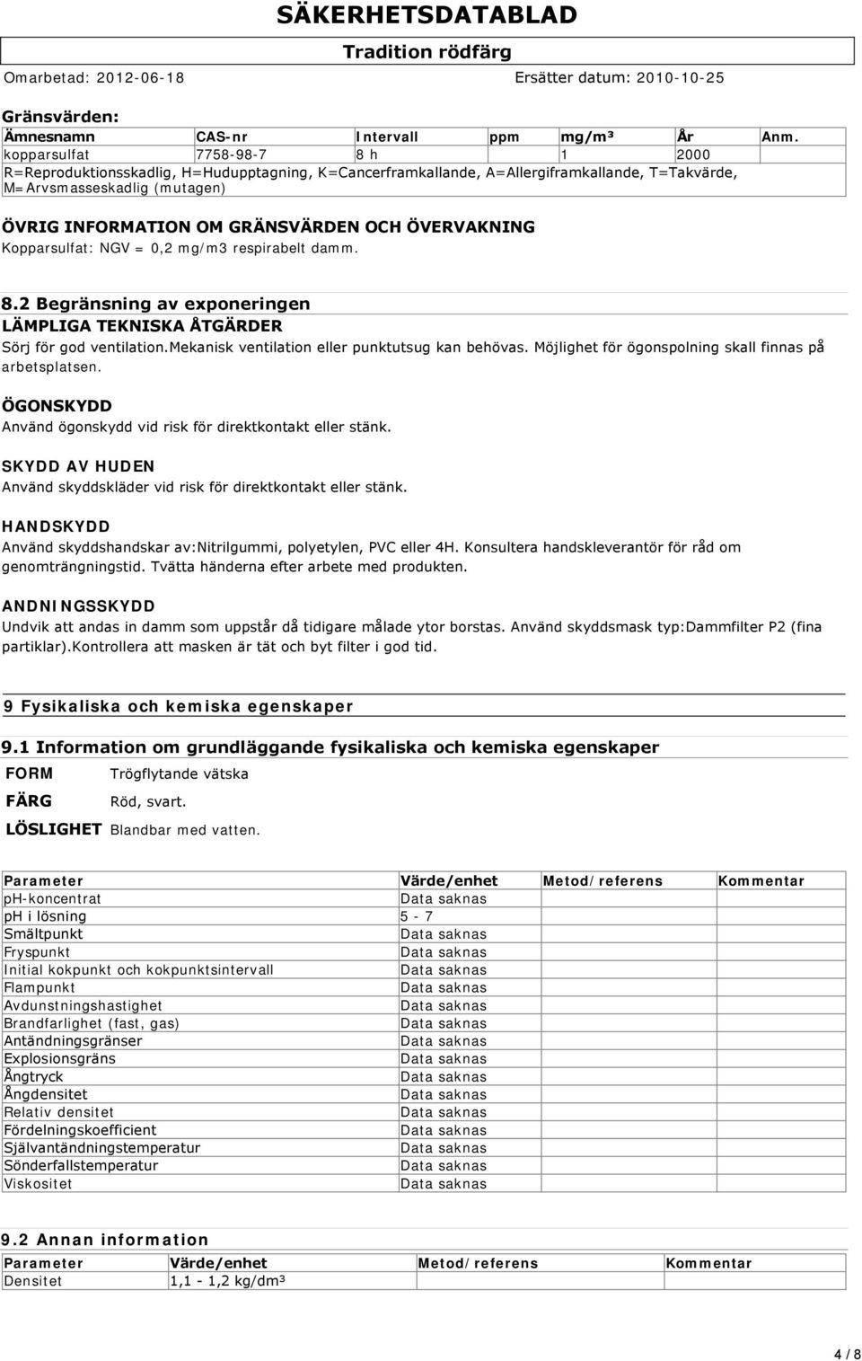 ÖVERVAKNING Kopparsulfat: NGV = 0,2 mg/m3 respirabelt damm. 8.2 Begränsning av exponeringen LÄMPLIGA TEKNISKA ÅTGÄRDER Sörj för god ventilation.mekanisk ventilation eller punktutsug kan behövas.