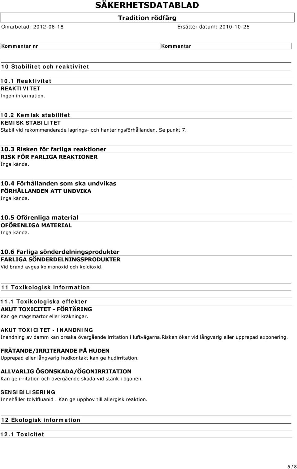 10.6 Farliga sönderdelningsprodukter FARLIGA SÖNDERDELNINGSPRODUKTER Vid brand avges kolmonoxid och koldioxid. 11 Toxikologisk information 11.