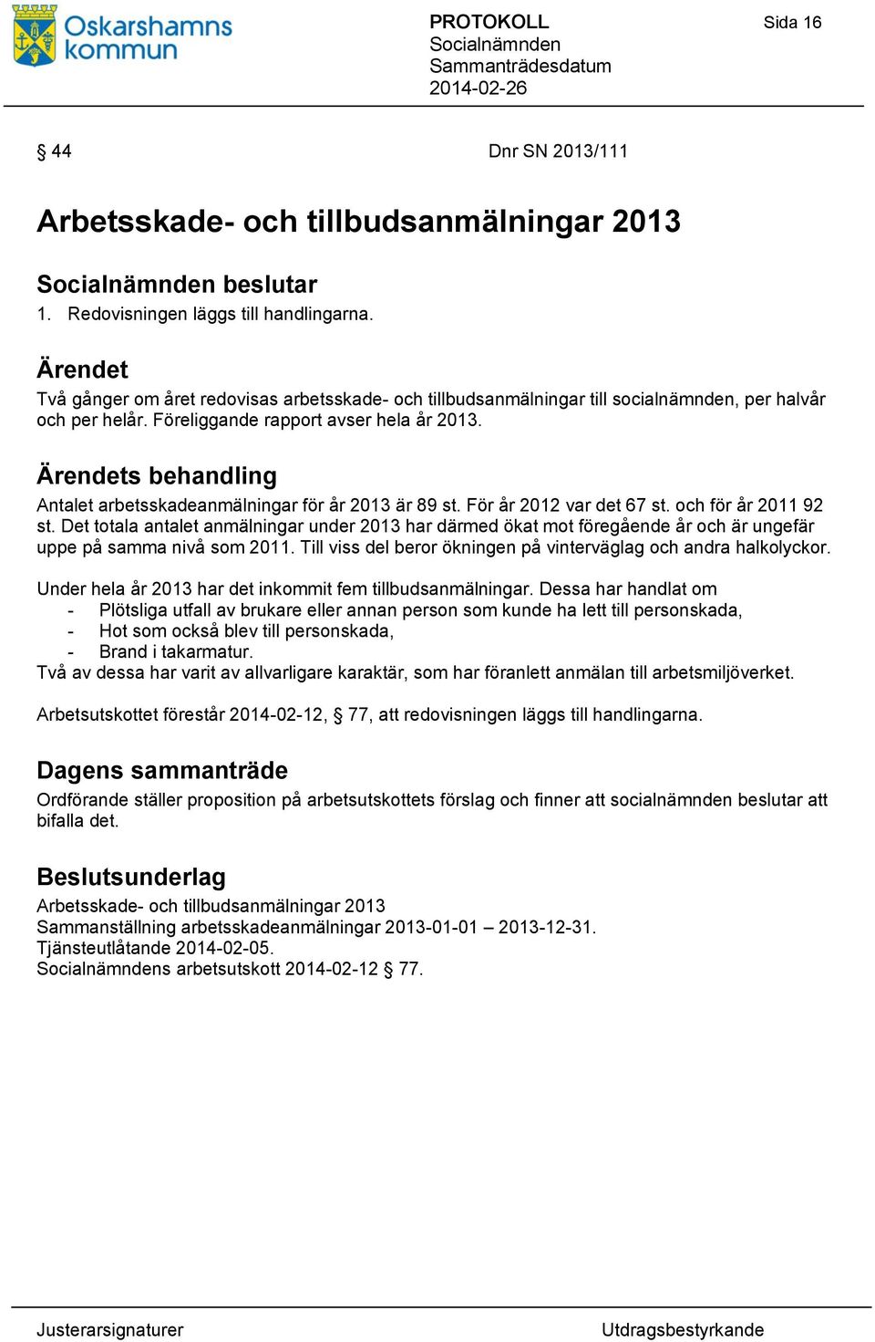 Antalet arbetsskadeanmälningar för år 2013 är 89 st. För år 2012 var det 67 st. och för år 2011 92 st.