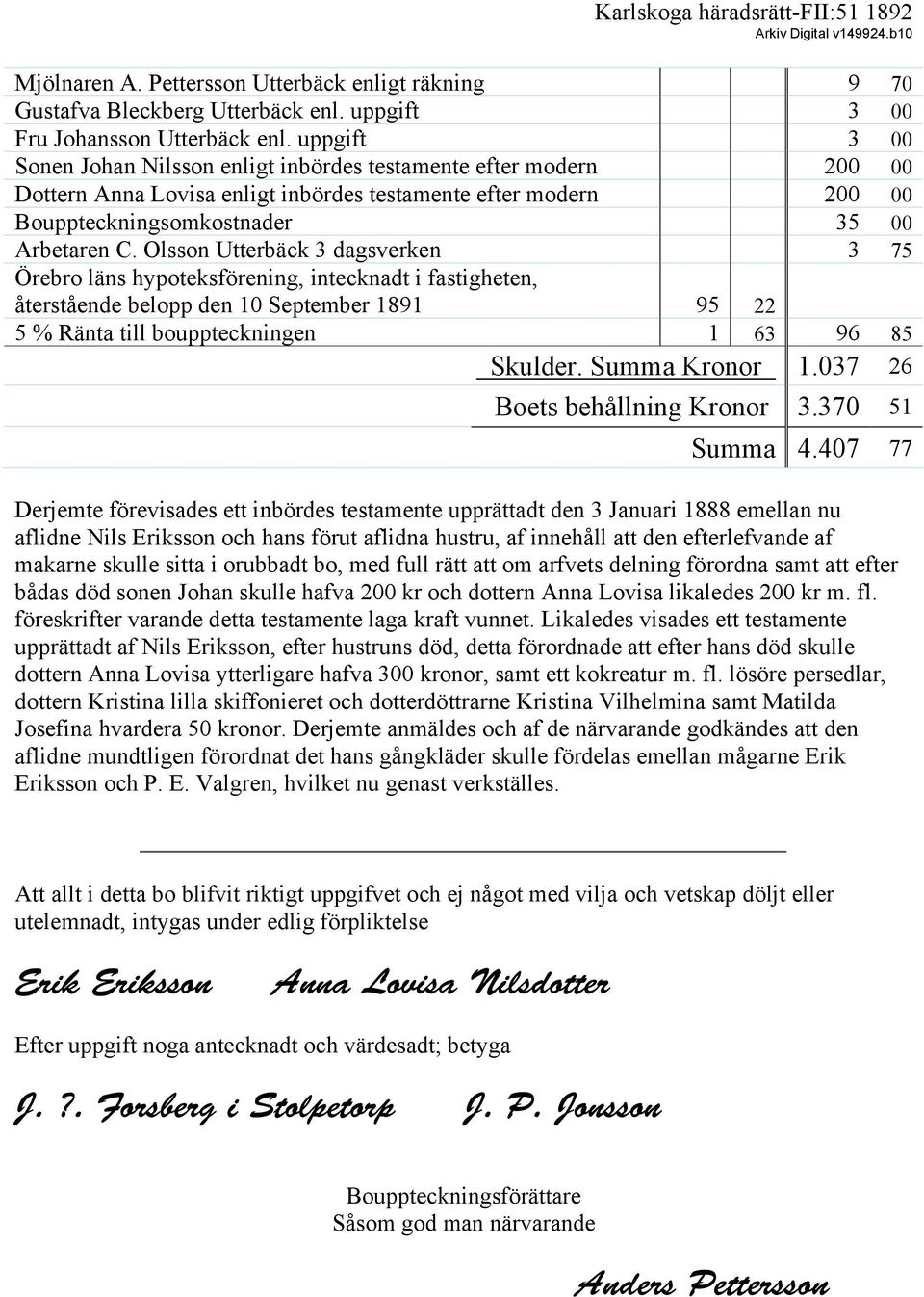 Olsson Utterbäck 3 dagsverken 3 75 Örebro läns hypoteksförening, intecknadt i fastigheten, återstående belopp den 10 September 1891 95 22 5 % Ränta till bouppteckningen 1 63 96 85 Skulder.